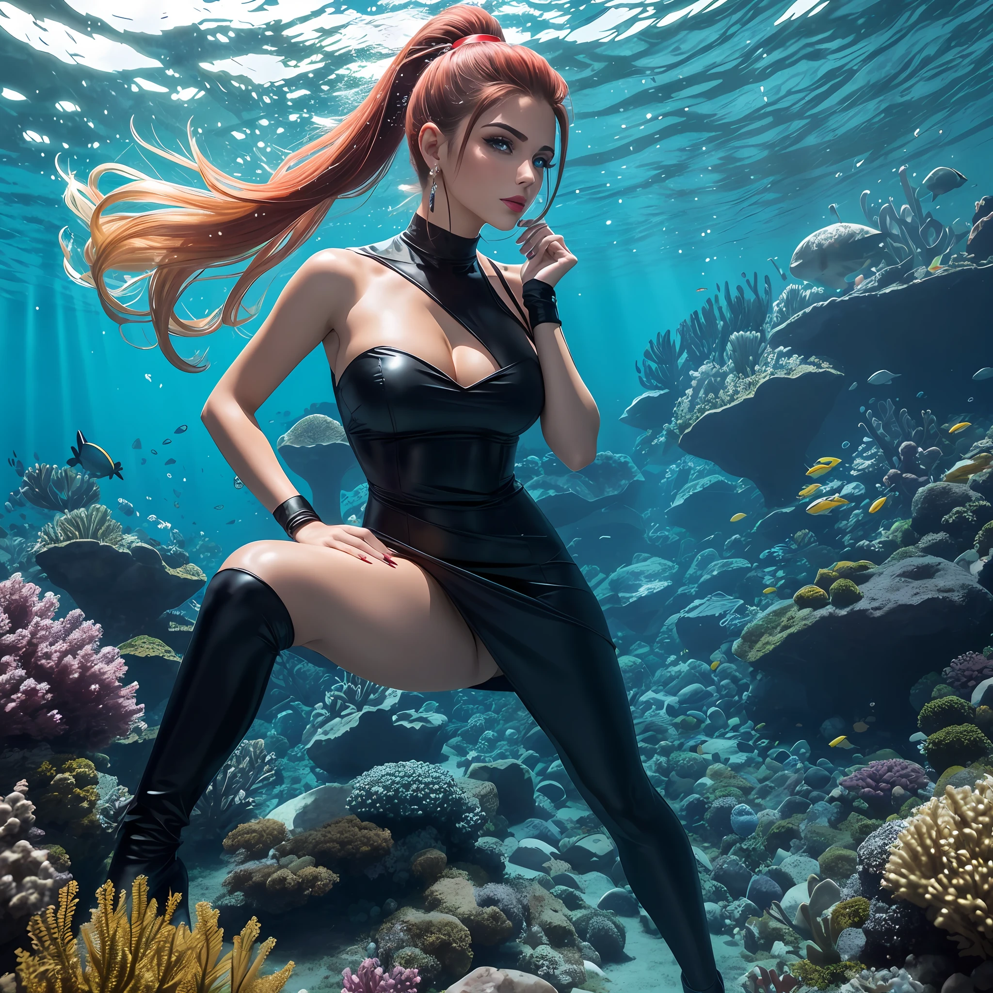 A beautiful and dazzling young woman in her 20s with ponytail blonde hair, pechos grandes y ojos azules, Beautiful style, cuerpo inmaculado , elegante, con un vestido rojo brillante ajustado, Tight Black Satin Miniskirt Suit, Botas negras estilo alto muslo , bright red lips and nails, posando para una foto junto a un hermoso campo de cerezos, de alta calidad y fondo , 16k, UHD, HDR,(Obra maestra:1.5), (La mejor calidad:1.5), underwater, beautiful water