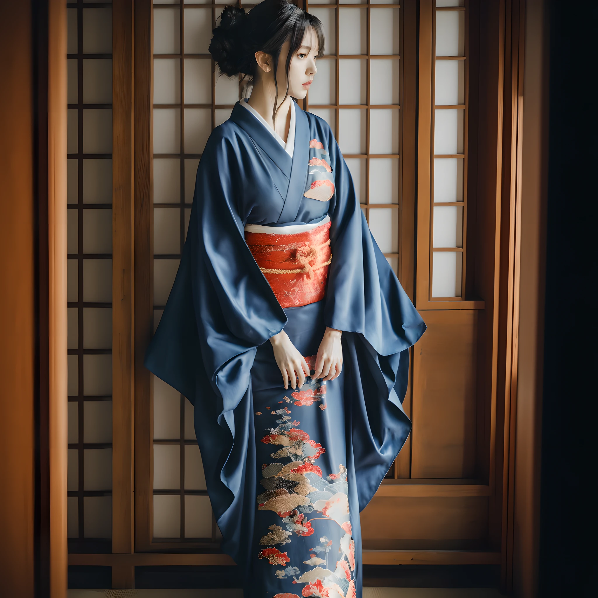 Alafi in kimono standing in front of a wooden door, japanese kimono, Wearing kimono, Wearing a kimono, wearing royal kimono, in a kimono, elegant japanese woman, wearing a haori, traditional japanese, Kimono, traditional geisha clothing, Classic kimono, hakama kimono, intricate geisha kimono, A Japanese style, in a kimono, Japanese style