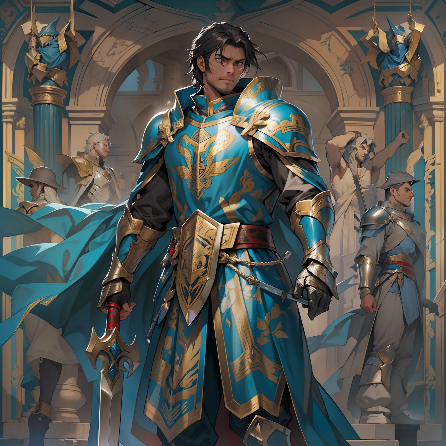 A noble and valiant Templar soldier, donning a resplendent suit of blue armor, stands firmly with a determined expression. His blue armor is adorned with intricate silver and gold details, symbolizing his esteemed position within the order. The art style should emphasize his heroic and chivalrous nature, capturing the essence of a brave knight dedicated to upholding justice and protecting the innocent. The Templar holds a shield emblazoned with a heraldic emblem in one hand and a gleaming longsword in the other, ready to defend against any threats to his sacred cause.