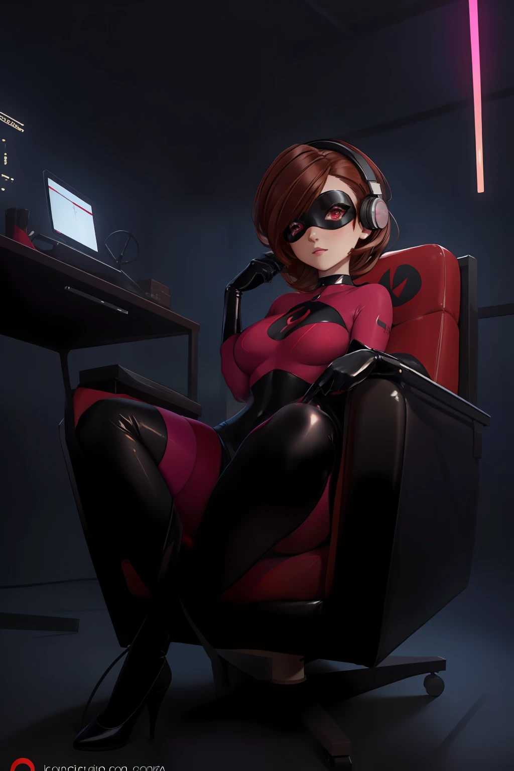 Helenpa, ​masterpiece, top-quality, 独奏, brown haired, glowing pink eyes, Red and black bodysuit, Tattoo of the lower abdomen, adult lady, Sharp Eye Mask, consternation, shorth hair, Latex costumes, headphones, 1girl in, full body Esbian, Torture chair, Mechanical background, A glowing tube that leads to the body, sit a chair,