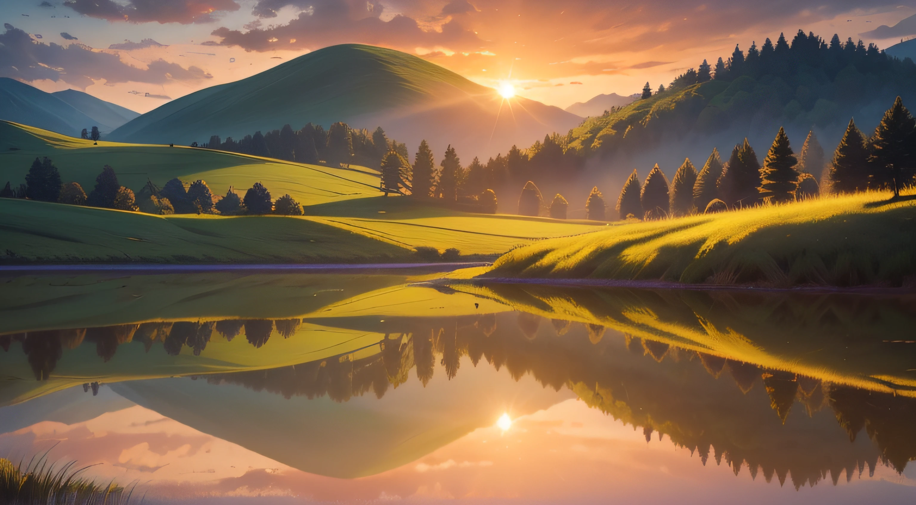 A panoramic image with a landscape that inspires tranquility and reflection, like a sunset over a verdant field.