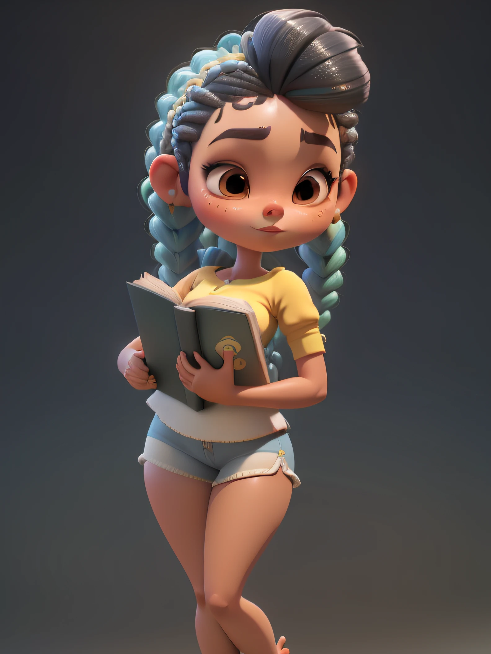 uma garota brasileira pele morena magra, cartoon 3d, estilo pixar, pernas finas, braids in hair, carregando livros, roupa escolar saia abaixo do joelho