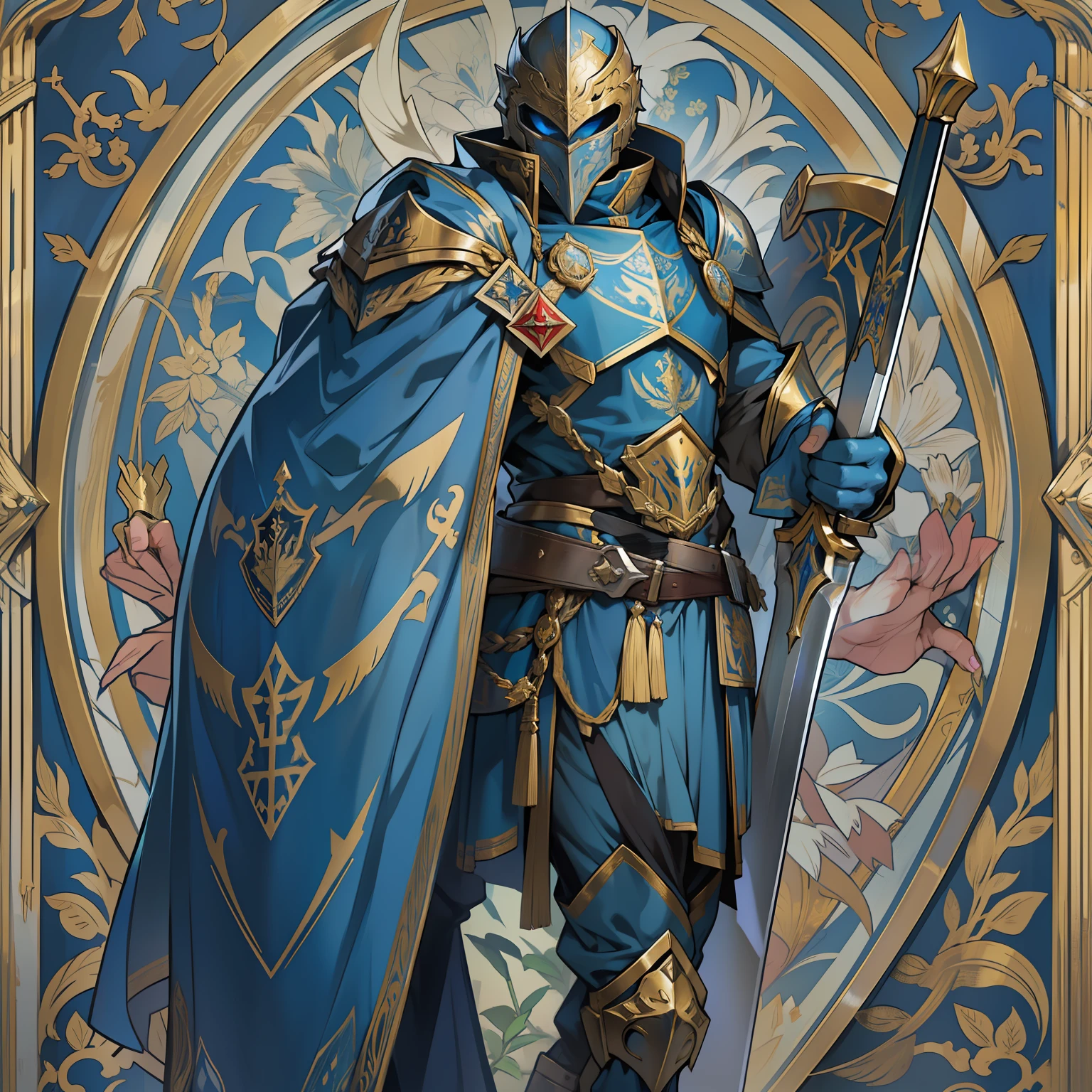 A noble and valiant Templar soldier, donning a resplendent suit of blue armor, stands firmly with a determined expression. His blue armor is adorned with intricate silver and gold details, symbolizing his esteemed position within the order. The art style should emphasize his heroic and chivalrous nature, capturing the essence of a brave knight dedicated to upholding justice and protecting the innocent. The Templar holds a shield emblazoned with a heraldic emblem in one hand and a gleaming longsword in the other, ready to defend against any threats to his sacred cause.