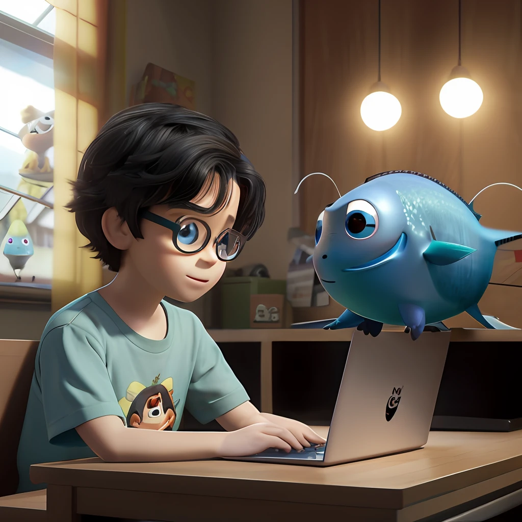 There's a boy sitting at a desk with a laptop, pixarman rendering rendering, Pixar retrato 8 k foto, Pixar 3D rendering, pixar rendering, bonito 3 d render, painting digital adorable, Pixar Arte 3D, design de personagem bonito Pixar, Pixar. octan render, pixar 3 d animation style, renderizar na Pixar, por Pixar, personagem Pixar bonito