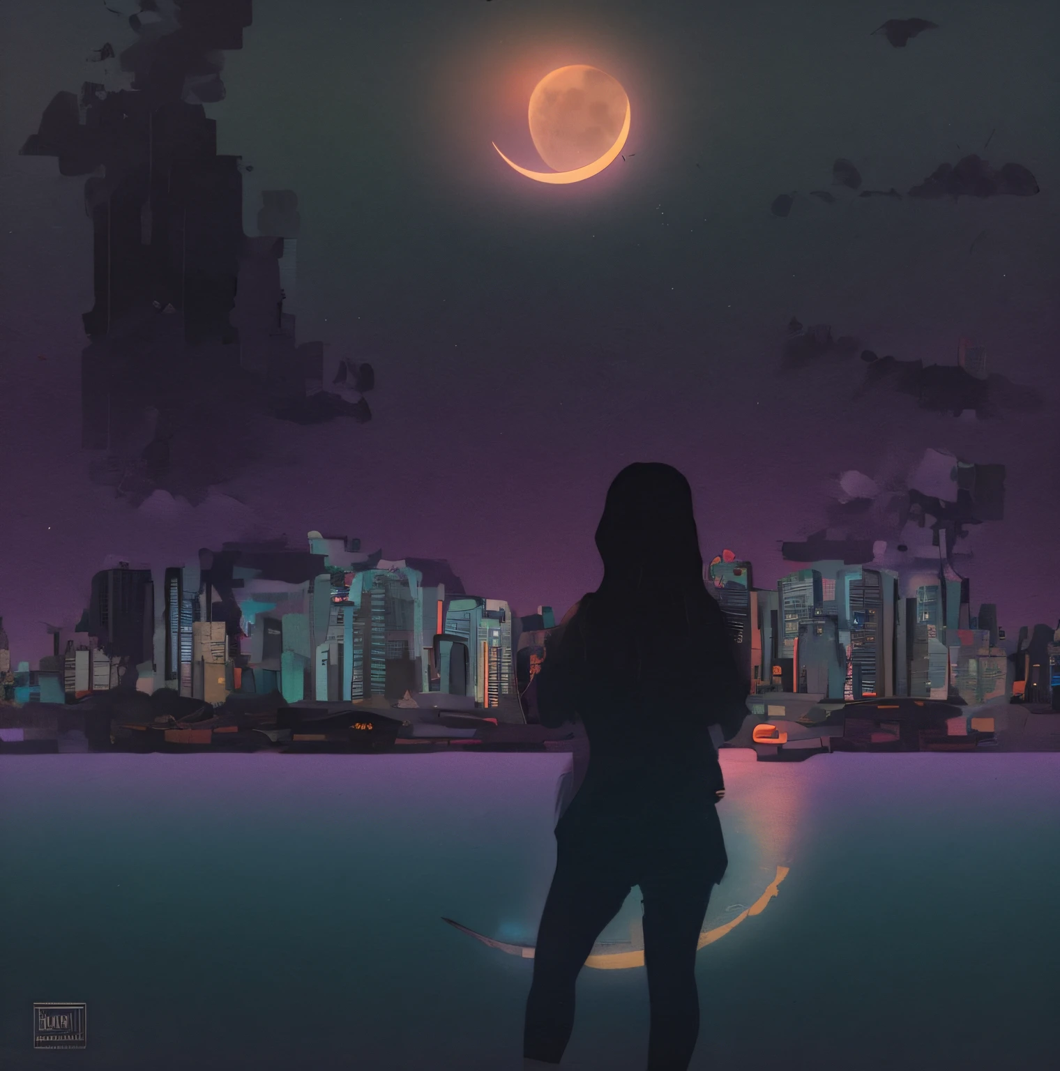 pintura de uma mulher em frente a um horizonte da cidade, Twilight ; pintura digital, desolado. digital illustation, em frente a uma cidade de fantasia, Olhando para a cidade, em frente a uma grande lua, Atravessando uma cidade sombria, in front of a sci fi cityscape, Olhando para a lua, Cidade crepuscular no fundo, The moon behind her