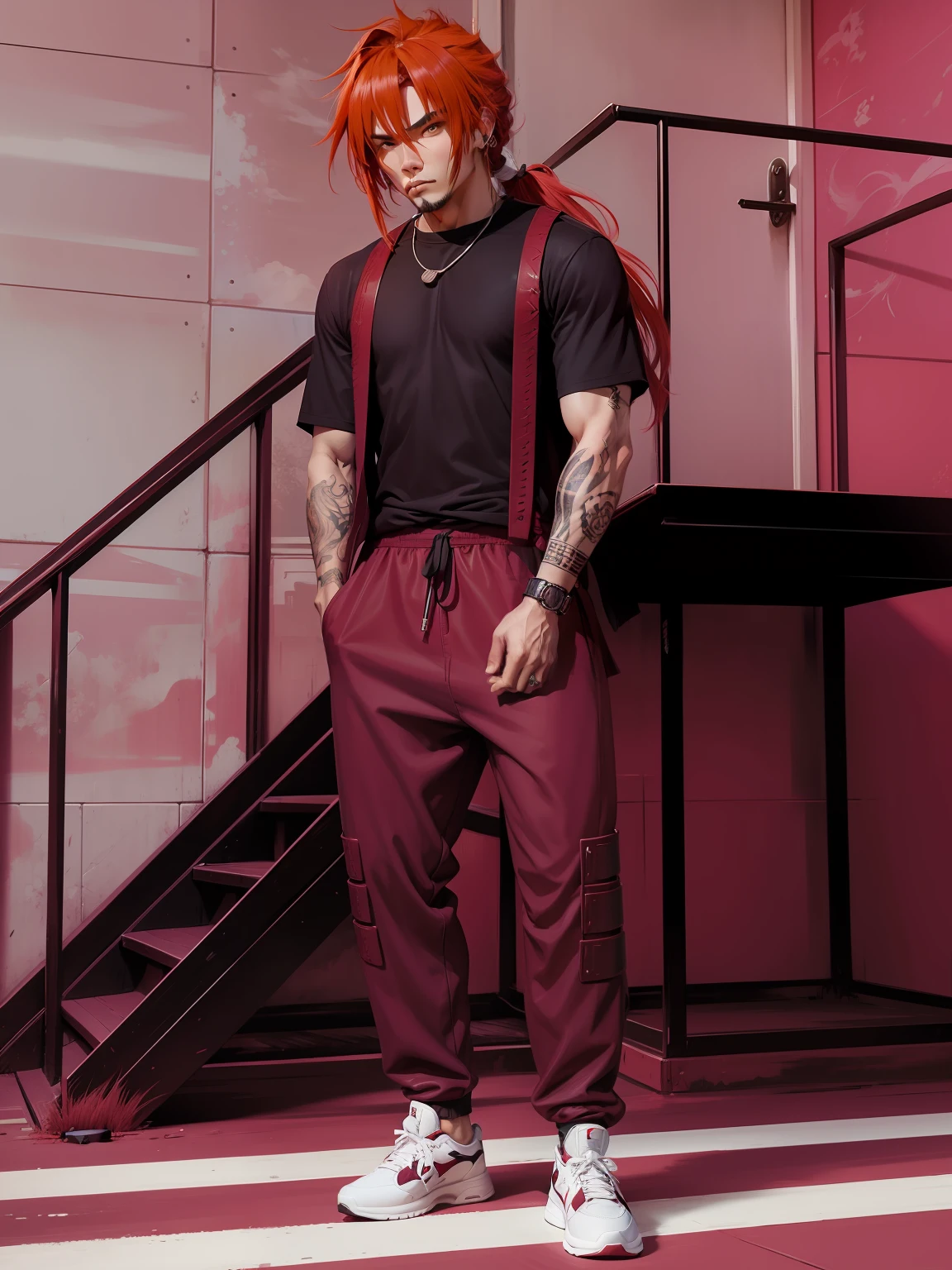 samurai cabelo vermelho, street wear, anime style