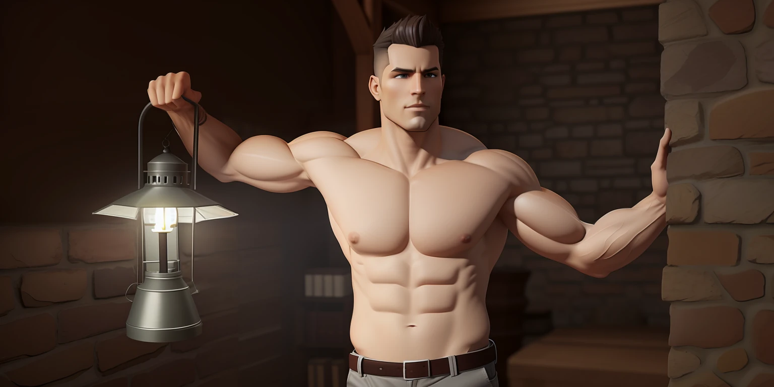 A man holds a lantern and a lamp in his hand, Bifcake pose, muscular character, Старый CGI 3 D рендеринг Брайса 3 D, 3d character realistic, Male character, Technoviking men's shirtless, DAZ 3D, daz 3 d, DAZ3D, Окклюзия DAZ, Strong fat bacchanal body, sturdy, stocky body;