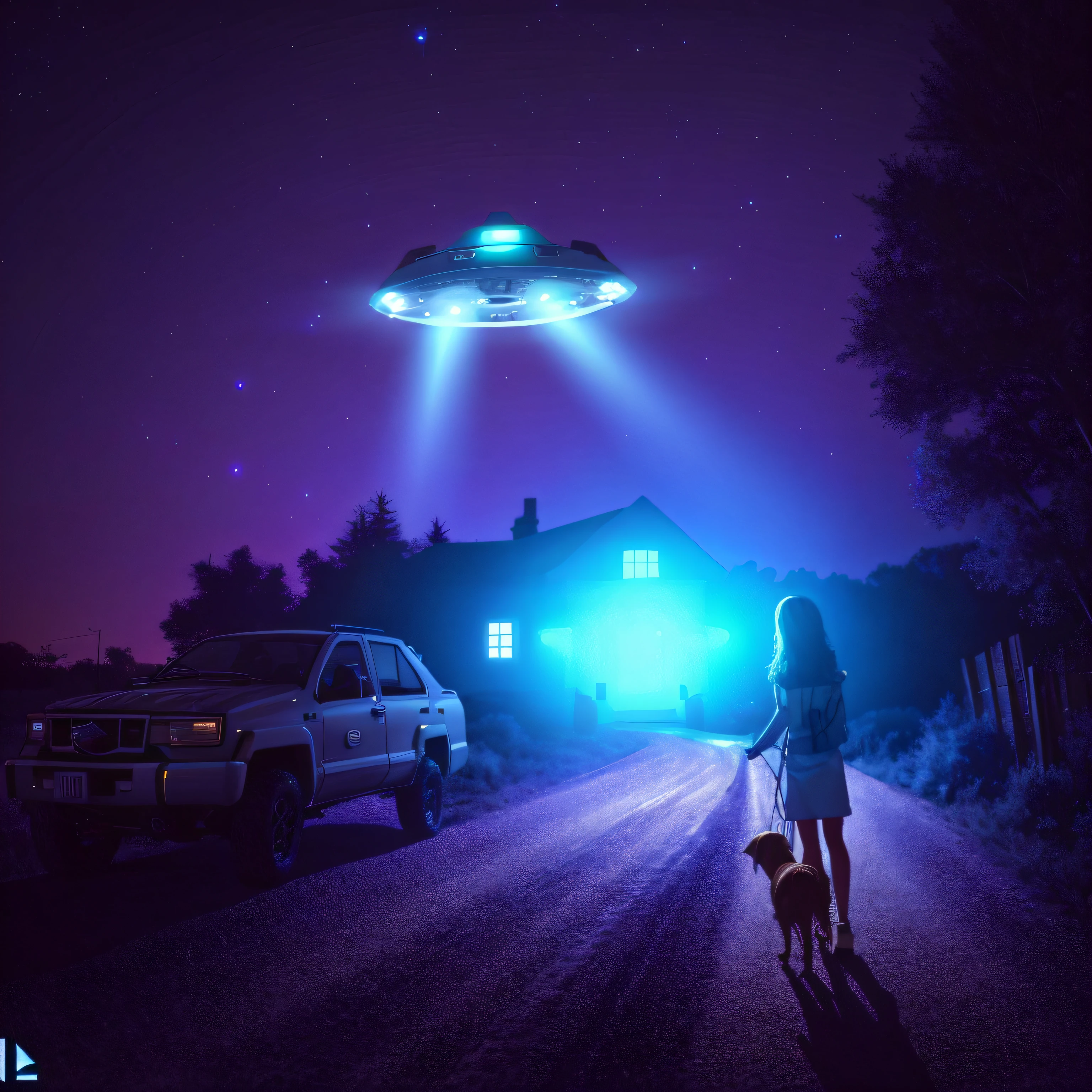 Imagem de uma mulher e um cachorro no escuro, alien abduction, Rapto de OVNIs, extraterrestre, OVNIlogia, ufo aliens, Unexplained phenomena, Ovnis, abduction, Pouso de OVNIs, extraterrestial, OVNI, ufo lighting, UFO AttackLogical, extraterrestrials reach for him, aliens in the background, imagem detalhada da mulher e do cachorro e do disco voador, 8k