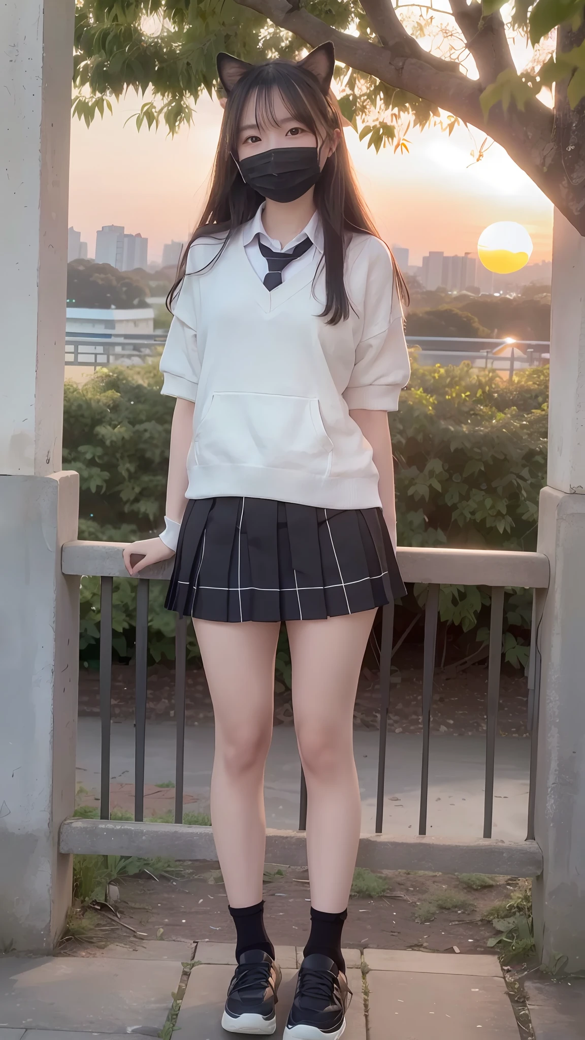 fully body photo,standing,Under the big tree,ssmile,Sunset,(cat ear:1.3),(Beautiful scenery:1.5),tree,sky,depth of fields,Wide,Detailed background,Outdoors,school ground,Beautiful scenery,school shoe,Socks,(Blue school uniform:1.5),Long legs,ssmile,Detailed eyes,depth of fields,Wide,Long legs,(8K, RAW photos, best qualtiy, tmasterpiece:1.2),student shoes, 1girll, Asians, long whitr hair,,huge tit, (black facemask:1.5), (Long black hair),Long legs, nase,Bumpy figure, Realistis, 独奏,shiny skins,Beautiful and delicate face,美丽detailed eyes,(realisticlying,photograph realistic:1),