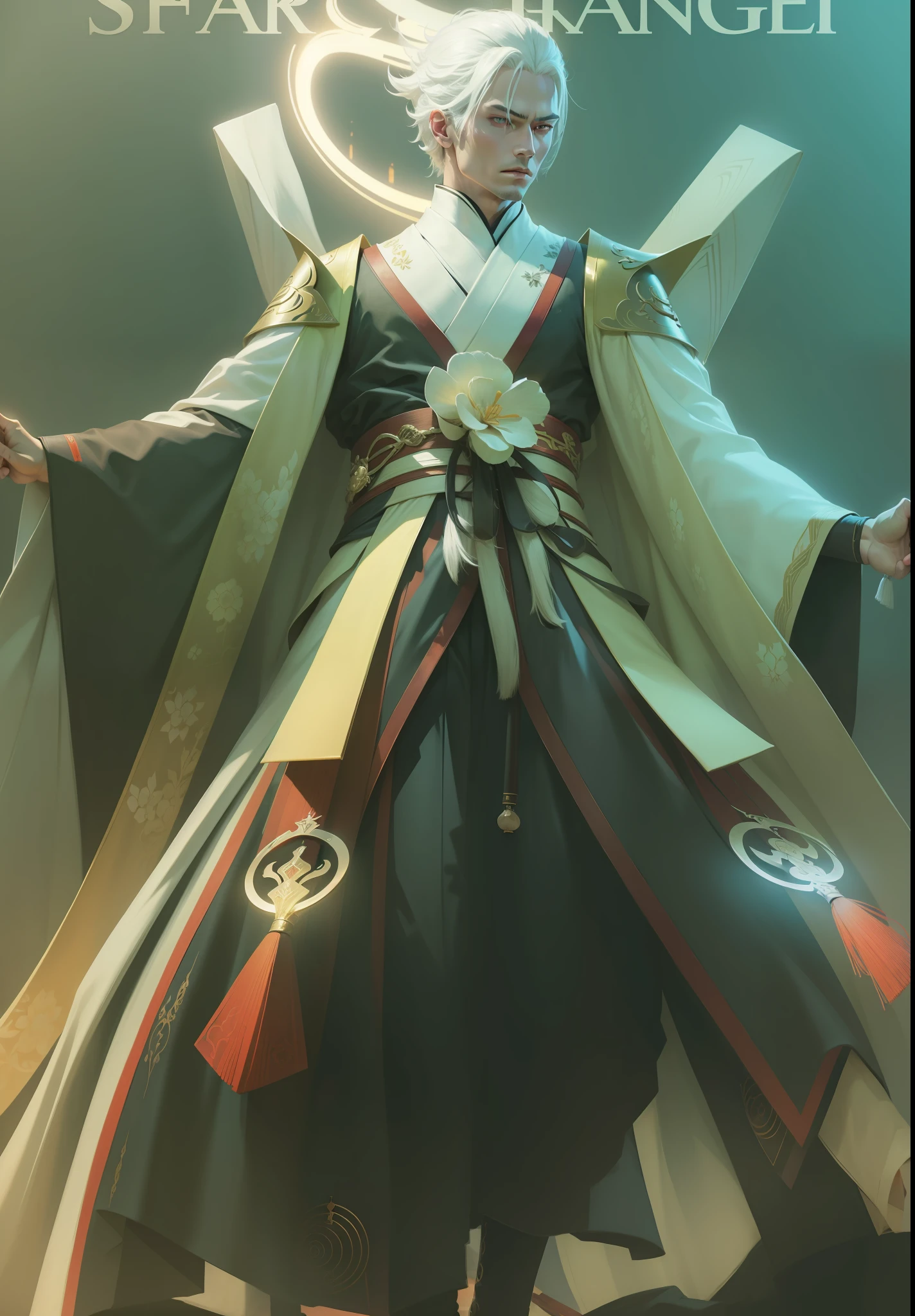 A guy with white hair wearing luxurious kimono, flaming amber eyes, with a sharp gaze,Dark room, cinematic lighting, A god, elegant, solo, best quality, masterpiece, cinematography, full body, ultra detail, hyper realistic, 8k, ultra quality, high resolution