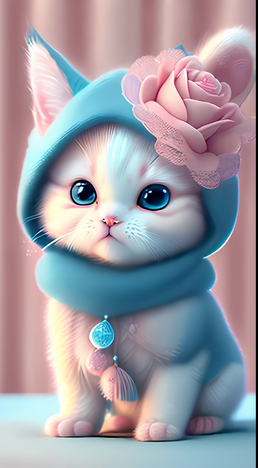 Nesta arte CG ultra-detalhada, Cute kittens surrounded by ethereal roses, risos, melhor qualidade, alta resolução, detalhes intrincados, fantasia, animais bonitos, roxo,Turquesa, humorous, On the left hand! boca!!! rir!!!