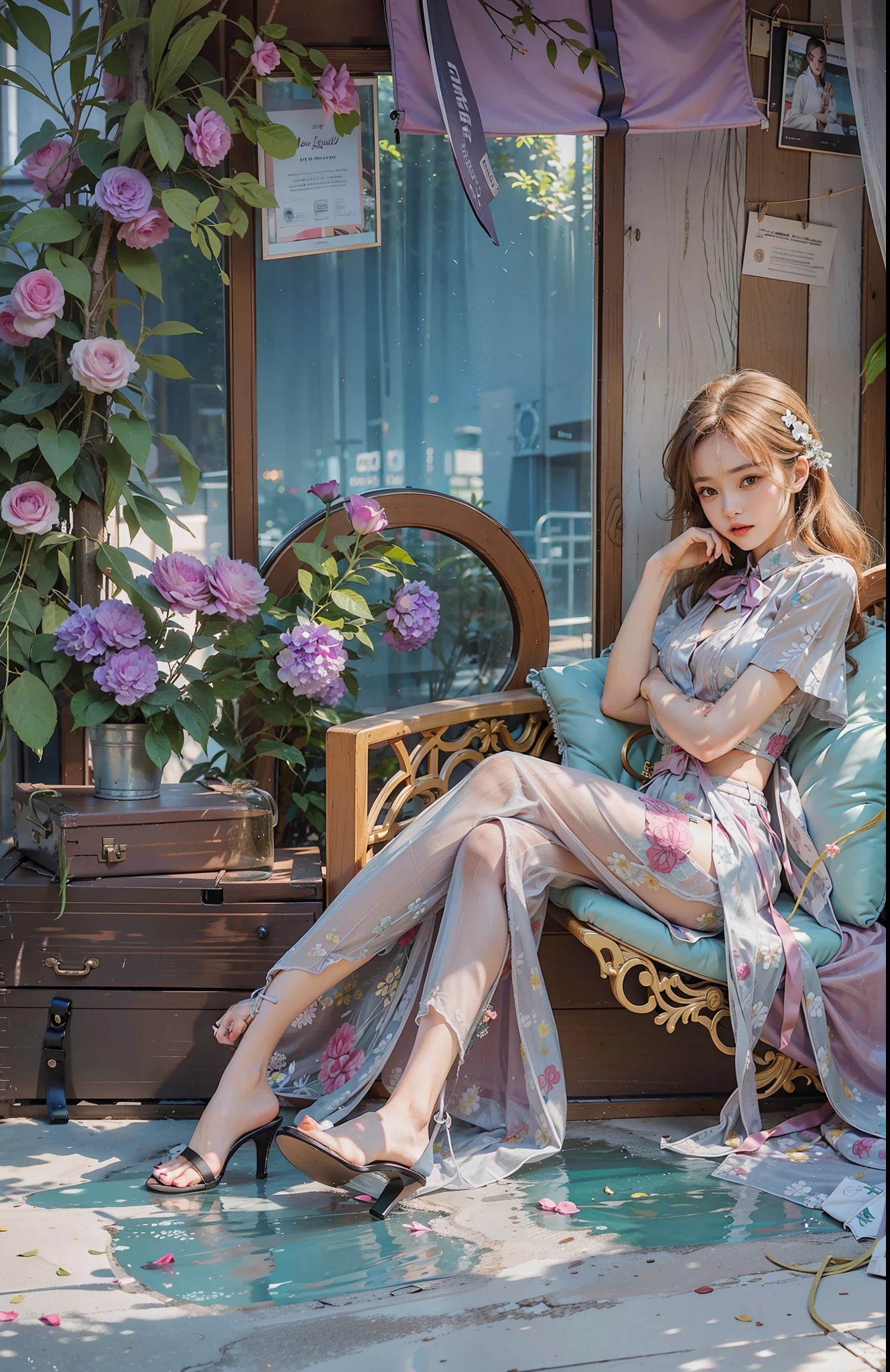 Best quality, full body portrait, delicate face, pretty face, 25 year old woman, slim figure, small bust, OL uniform, office clothes, black stockings, outdoor scene, sitting position