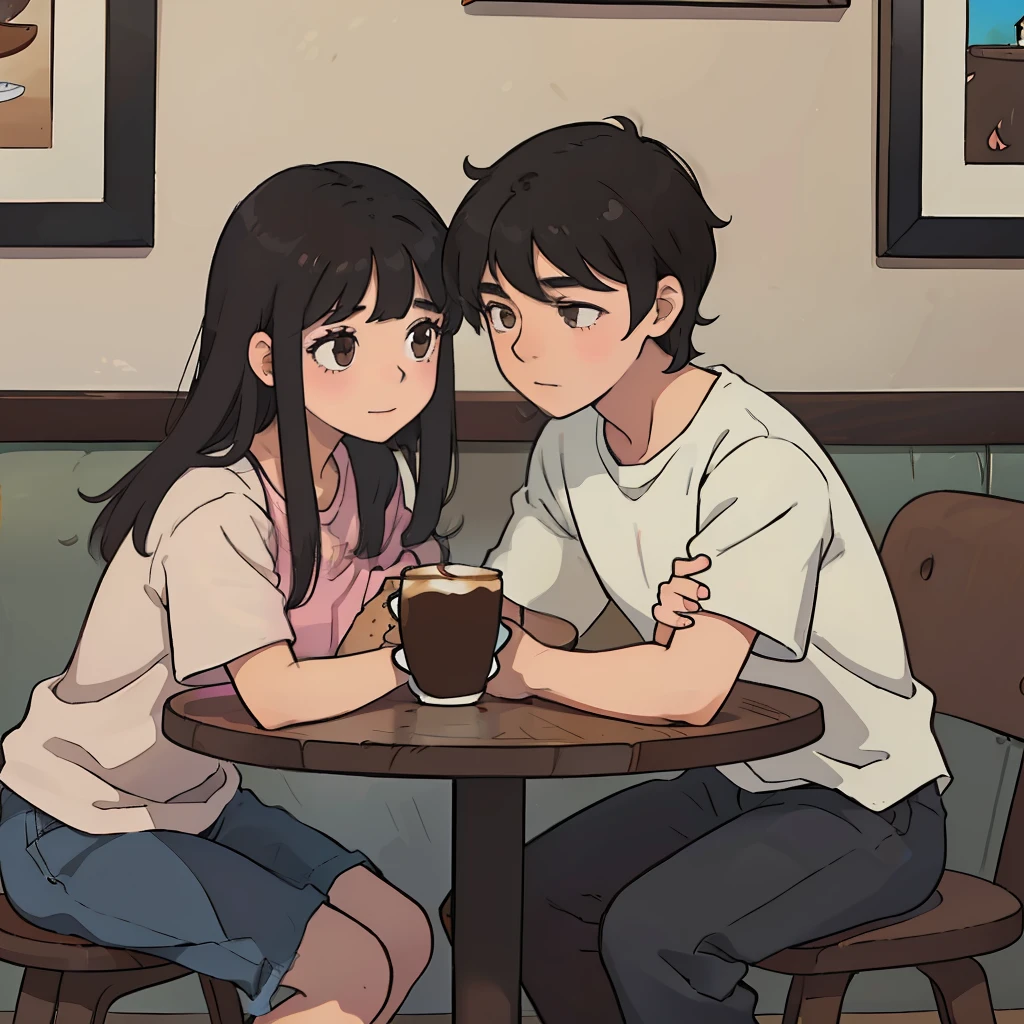 Couple of a girl with long black hair without bangs and brown eyes wearing pink T-shirt hugging boy with black hair and brown eyes sitting at a table with coffees and cakes in a beautiful coffee shop, arte estilo fofa estilo infantil