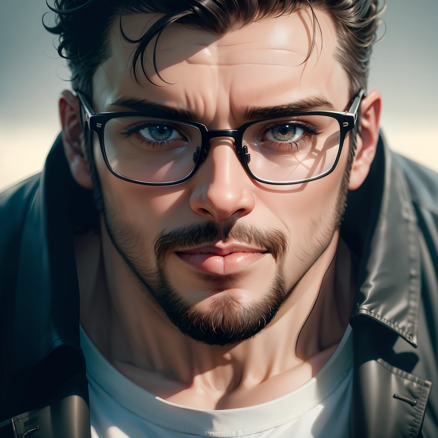 A closeup of a man wearing glasses and a jacket, homem bonito, man with glasses, em vidros de aro quadrado, Thick glasses - hoops, clipe de filme, extremamente bonito, Vidros de aro quadrado, thick rimmed-glasses, homem atraente, Macho bonito, Filme Promocional, Filmagem em close-up, muito bonito, captura de tela do filme, estilo wlop
