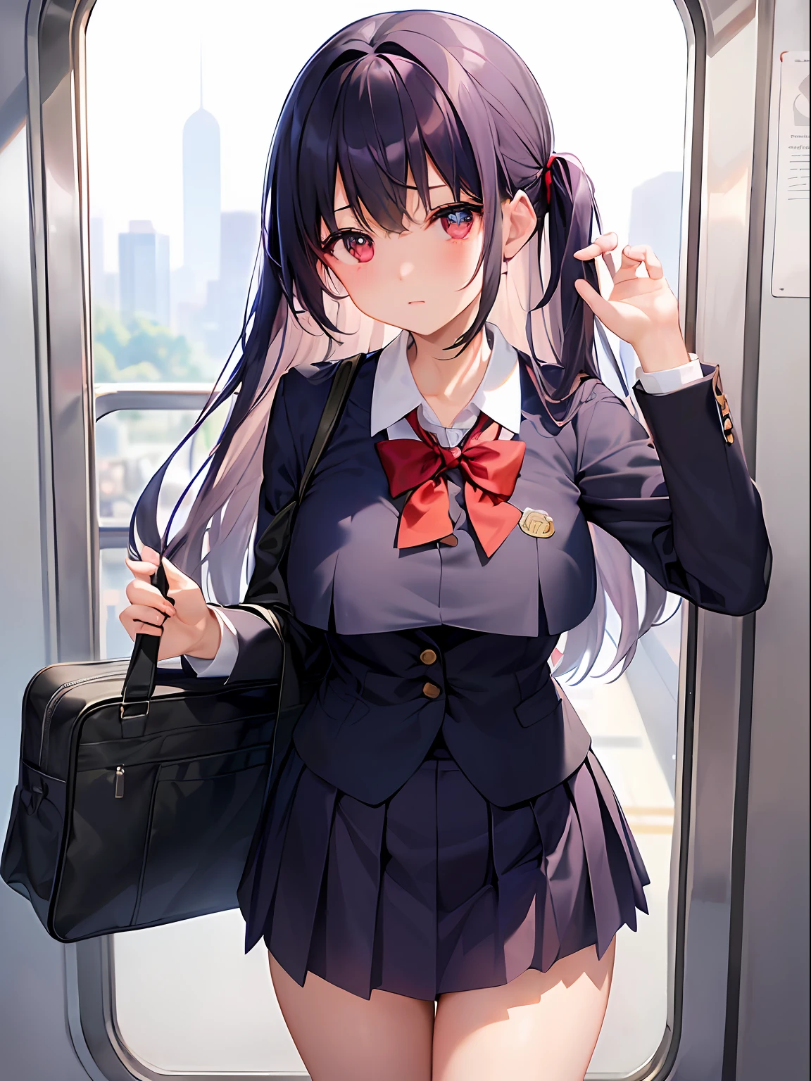 Dark blue blazer、white shirt、Red Big Ribbon、(Super Mini Flared Skirt), Red tie, White socks, lowfers,Light Brown Fringe Longhair、disheveled hair、Light brown eyes、1girll、((Shy look))、(Photorealsitic)、(intricate detailes:1.2)、(masterpiece、:1.3)、(top-quality:1.4)、(超A high resolution:1.2)、超A high resolution、(A detailed eye)、(detailed facial features)、nffsw、8K分辨率、、(lensflare:0.7)、((((((爆乳)))))、Valley、Emphasize the valley、a short skirt、((Lift your skirt))、beauty legs、Seductive thighs、Emphasis on the thighs、facing the front there、frombelow、Standing on the train、School bag、A small stuffed animal is hanging in a bag、((The passenger is a cute girl from a classmate、Large crowds))
