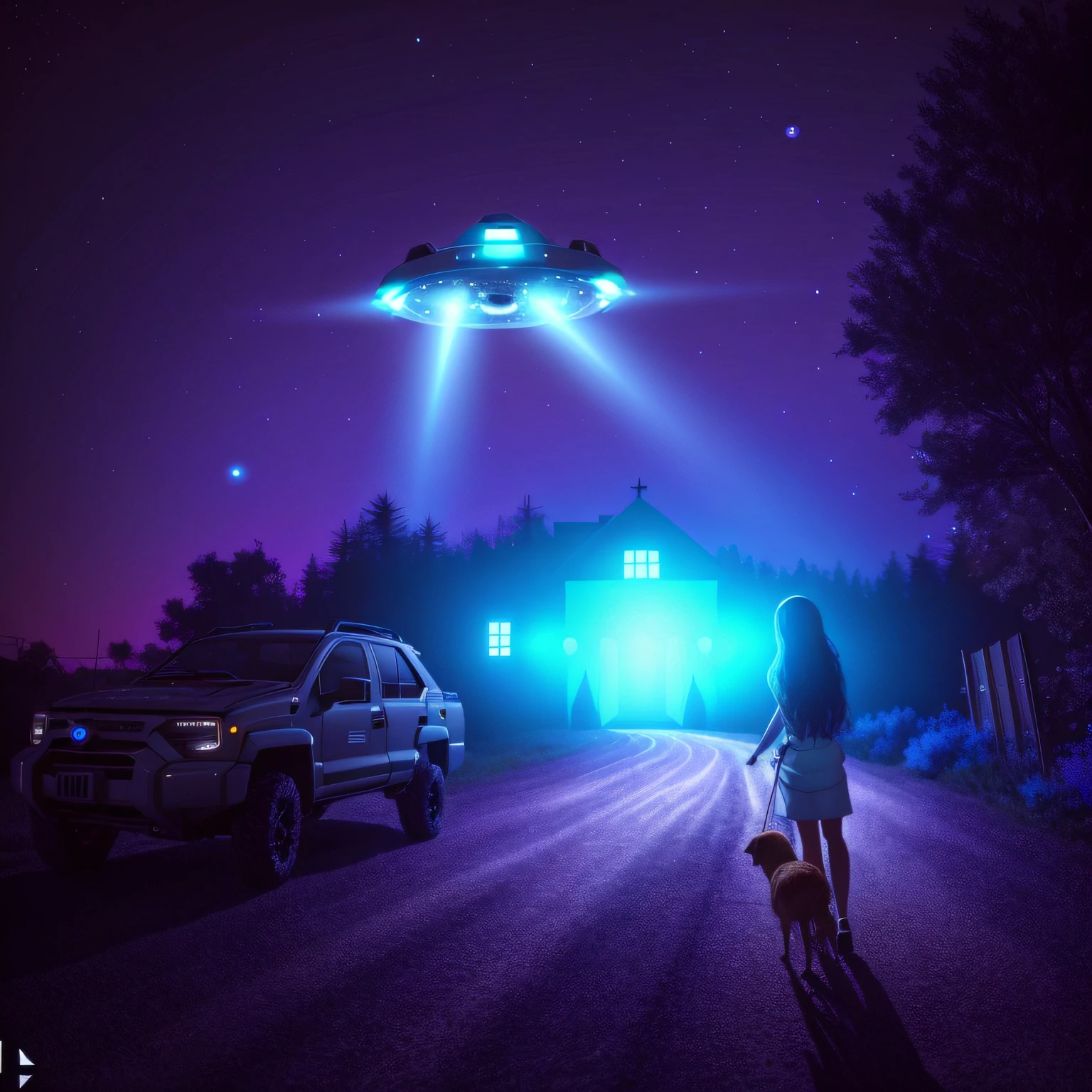 Imagem de uma mulher e um cachorro no escuro, alien abduction, Rapto de OVNIs, extraterrestre, OVNIlogia, ufo aliens, Unexplained phenomena, Ovnis, abduction, Pouso de OVNIs, extraterrestial, OVNI, ufo lighting, UFO AttackLogical, extraterrestrials reach for him, aliens in the background, imagem detalhada da mulher e do cachorro e do disco voador, 8k
