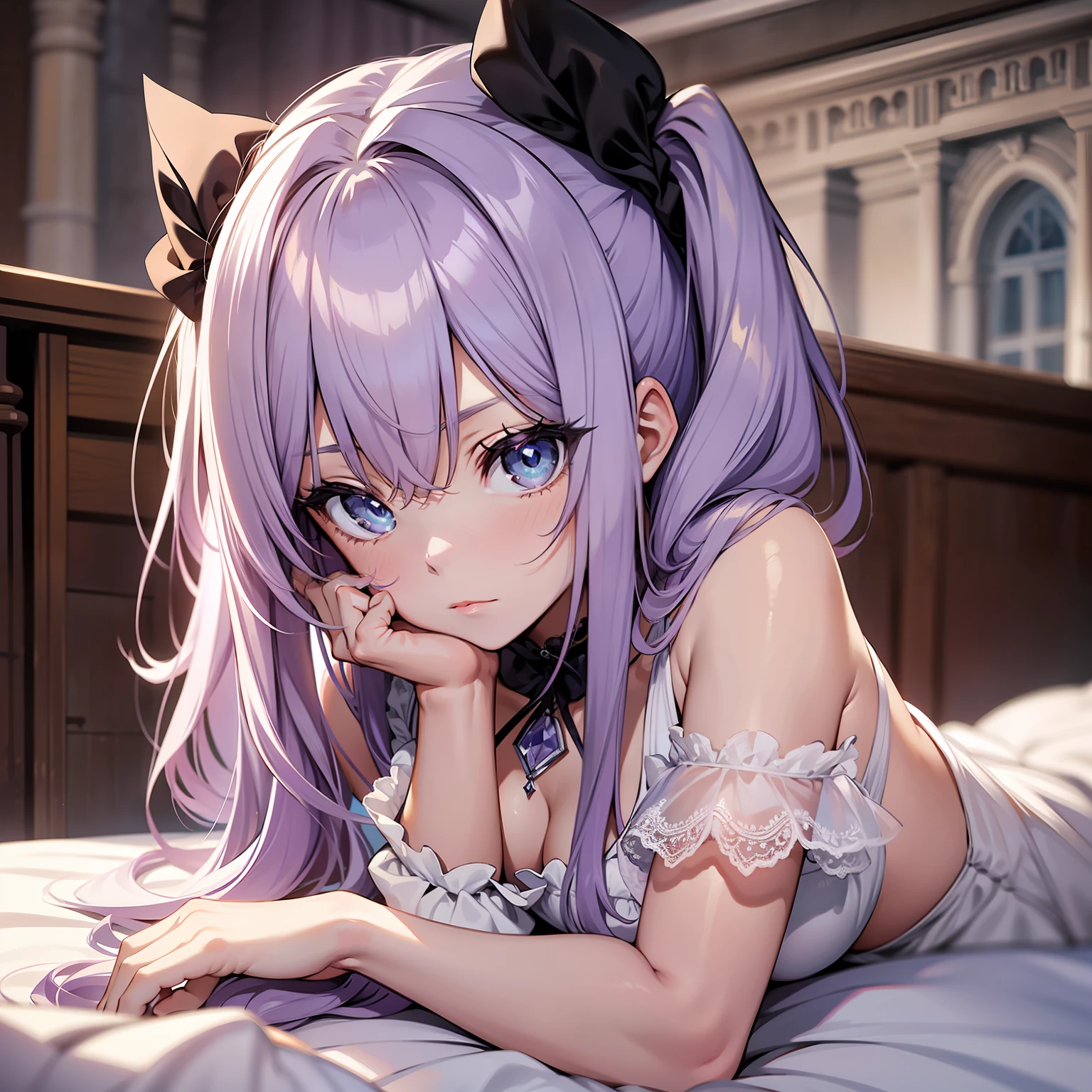 young girl, , twintails hair style, light purple hair, greek white dress, lying in a bed, blue eyes, sensual position, looking at viewer, in a white palace, 4k, detailed face, good anathomy