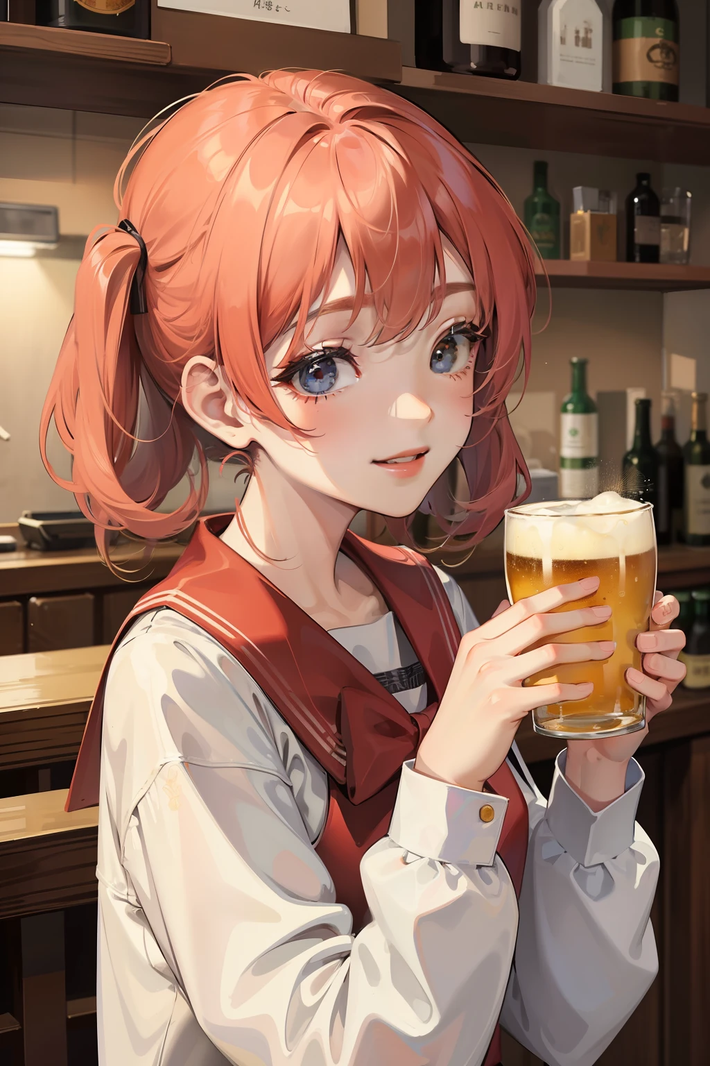 ((masterpiece)、top-quality、Angel Girl、(校服))、Drunken girl with beer mug、a smile、