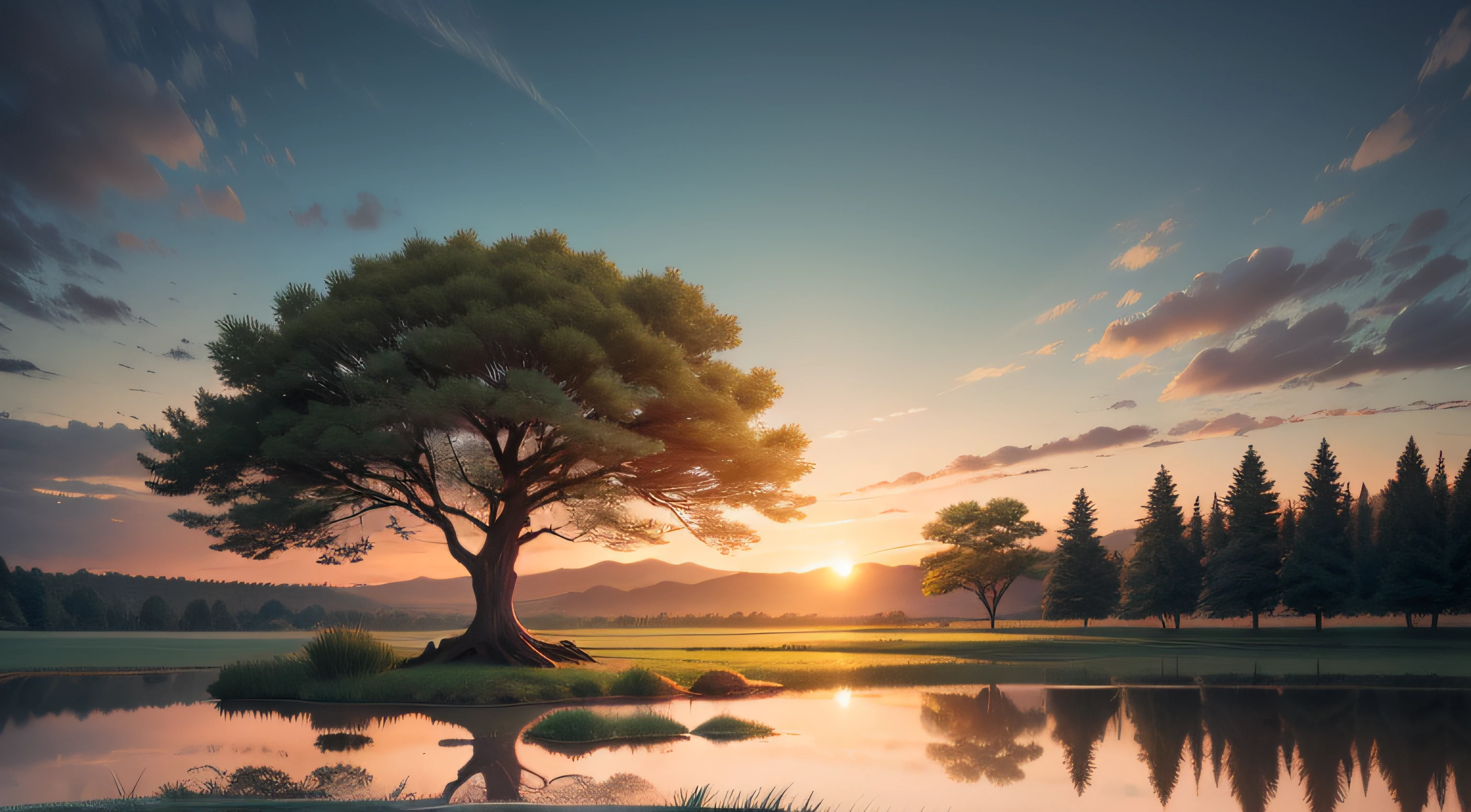 A panoramic image with a landscape that inspires tranquility and reflection, like a sunset over a verdant field. muitos arvores, 8k, ultra realista