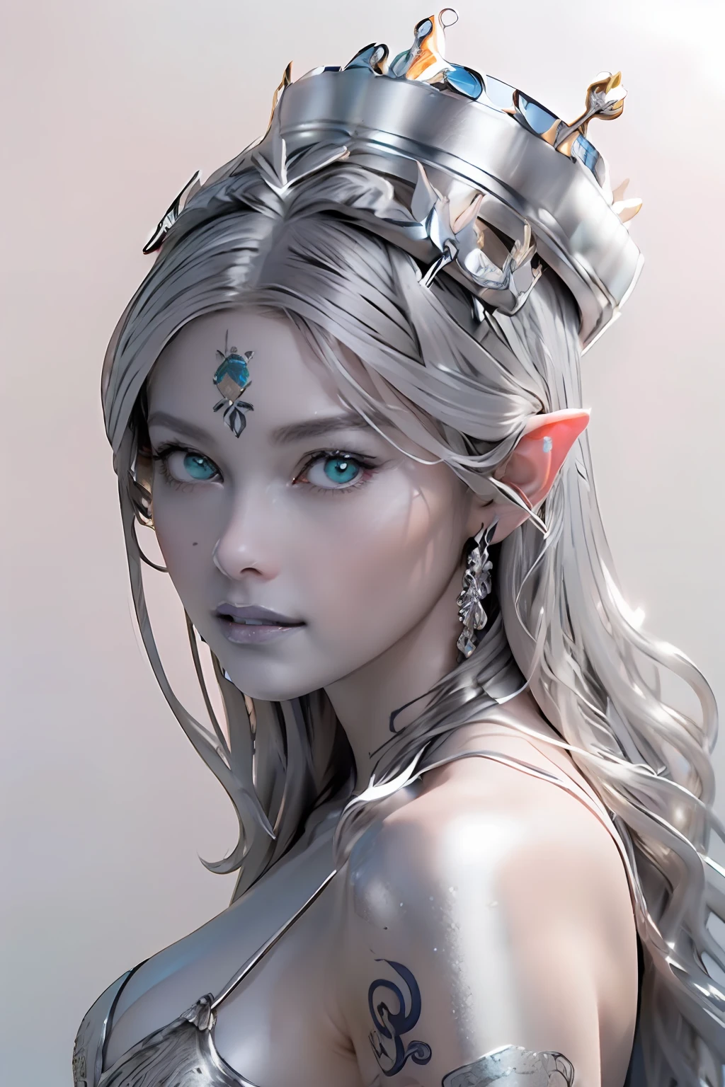 Ultra-detailed complex 3D rendering of the face, (masterpiece, top quality, octane rendering,), glamour shots full body image, very beautiful young elves, cleavage, (highly detailed skin: 1.2), (exposure: 1.1), ((blue micro bikini: 1.95)))). , 8k, (((very soft breasts)), (((conspicuous large pink areola)), beautiful Caucasian woman with white skin with full soft breasts with big buttocks, one, long braided hair, big breasts, dynamic angles, (((huge breasts: 2.4)), ultra-realistic photos, ((((((silver hair)))), futuristic urban background, facial muscles, (((((detailed and glamorous silver crown)))), In the style of Marvel Comics, ArtStation Trends, Clear Focus, Intricate Details, Very Detailed, Detailed Green Eyes, Sharp Focus, Digital Rendering, Professional, Abs, Lip Gloss, Glossy Skin, Sexy Pose, Golden Tattoo All Over Body, Silver Pattern All Over Body, Silver Lame Skin, Gold Glitter Skin, Mansuji, Buttocks, Jeweled All Over the Body, with silver scales, silver hair,