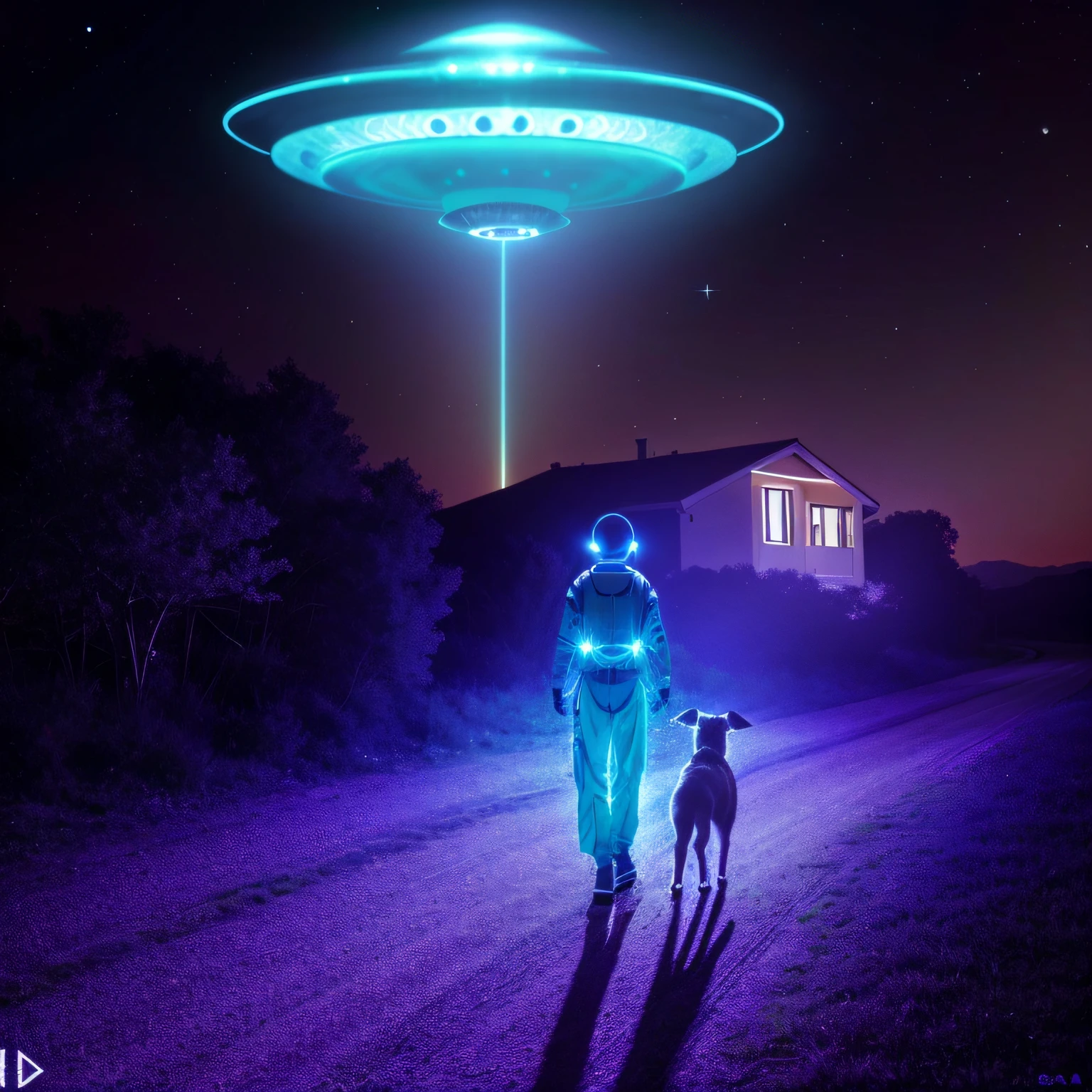 Imagem de uma mulher e um cachorro no escuro, alien abduction, Rapto de OVNIs, extraterrestre, OVNIlogia, ufo aliens, Unexplained phenomena, Ovnis, abduction, Pouso de OVNIs, extraterrestial, OVNI, ufo lighting, UFO AttackLogical, extraterrestrials reach for him, aliens in the background, imagem detalhada da mulher e do cachorro e do disco voador, 8k