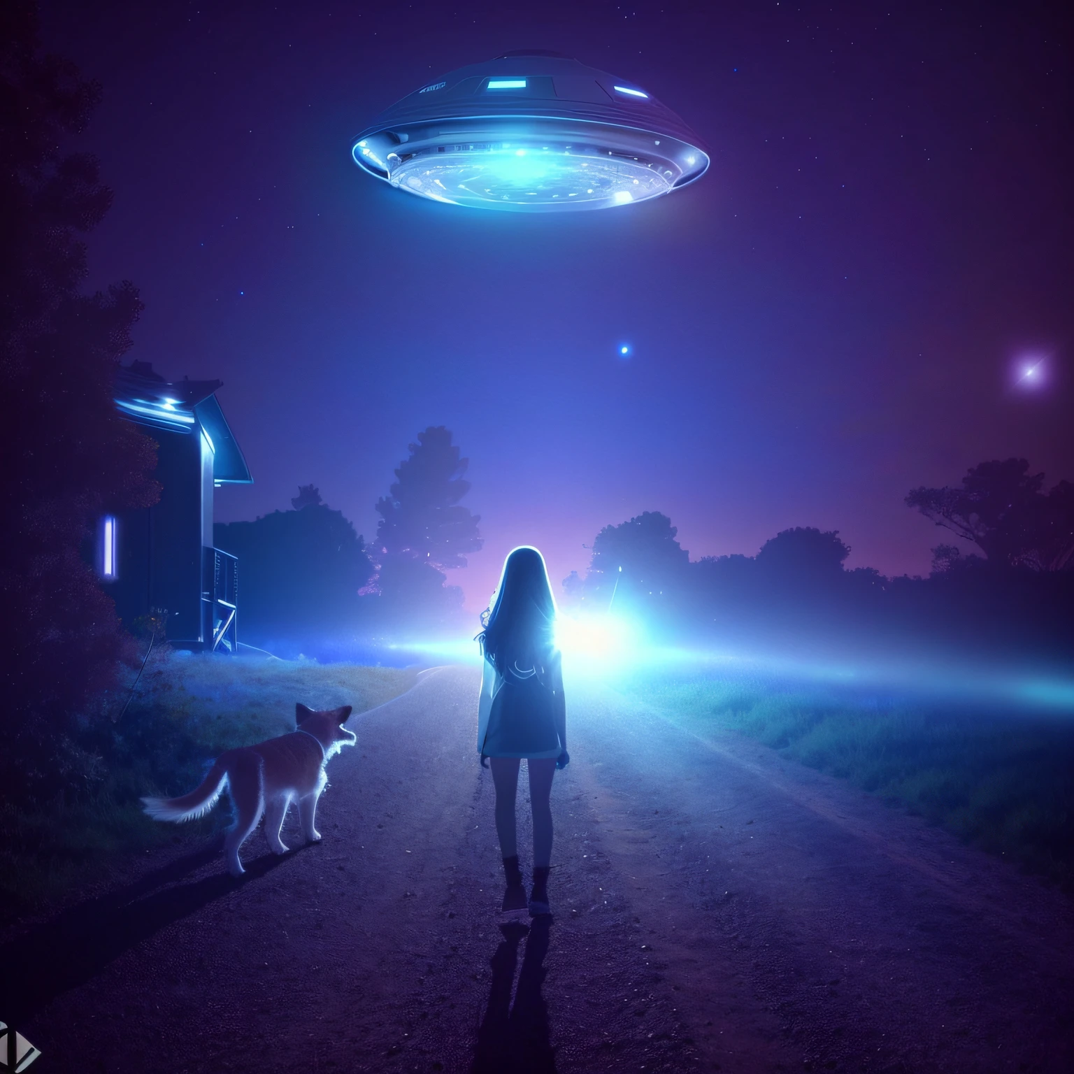 Imagem de uma mulher e um cachorro no escuro, alien abduction, Rapto de OVNIs, extraterrestre, OVNIlogia, ufo aliens, Unexplained phenomena, Ovnis, abduction, Pouso de OVNIs, extraterrestial, OVNI, ufo lighting, UFO AttackLogical, extraterrestrials reach for him, aliens in the background, imagem detalhada da mulher e do cachorro e do disco voador, 8k