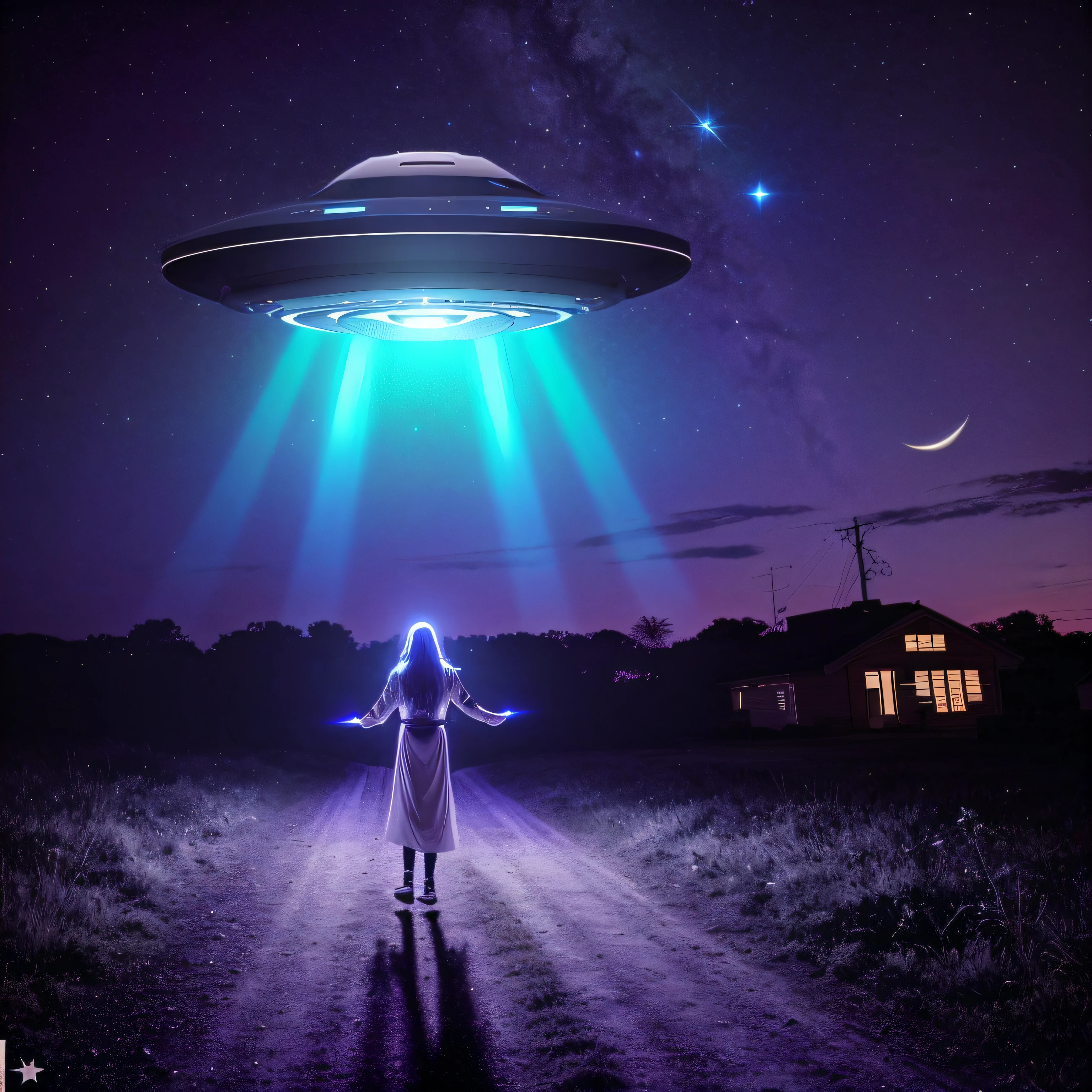 Imagem de uma mulher e um cachorro no escuro, alien abduction, Rapto de OVNIs, extraterrestre, OVNIlogia, ufo aliens, Unexplained phenomena, Ovnis, abduction, Pouso de OVNIs, extraterrestial, OVNI, ufo lighting, UFO AttackLogical, extraterrestrials reach for him, aliens in the background, imagem detalhada da mulher e do cachorro e do disco voador, 8k