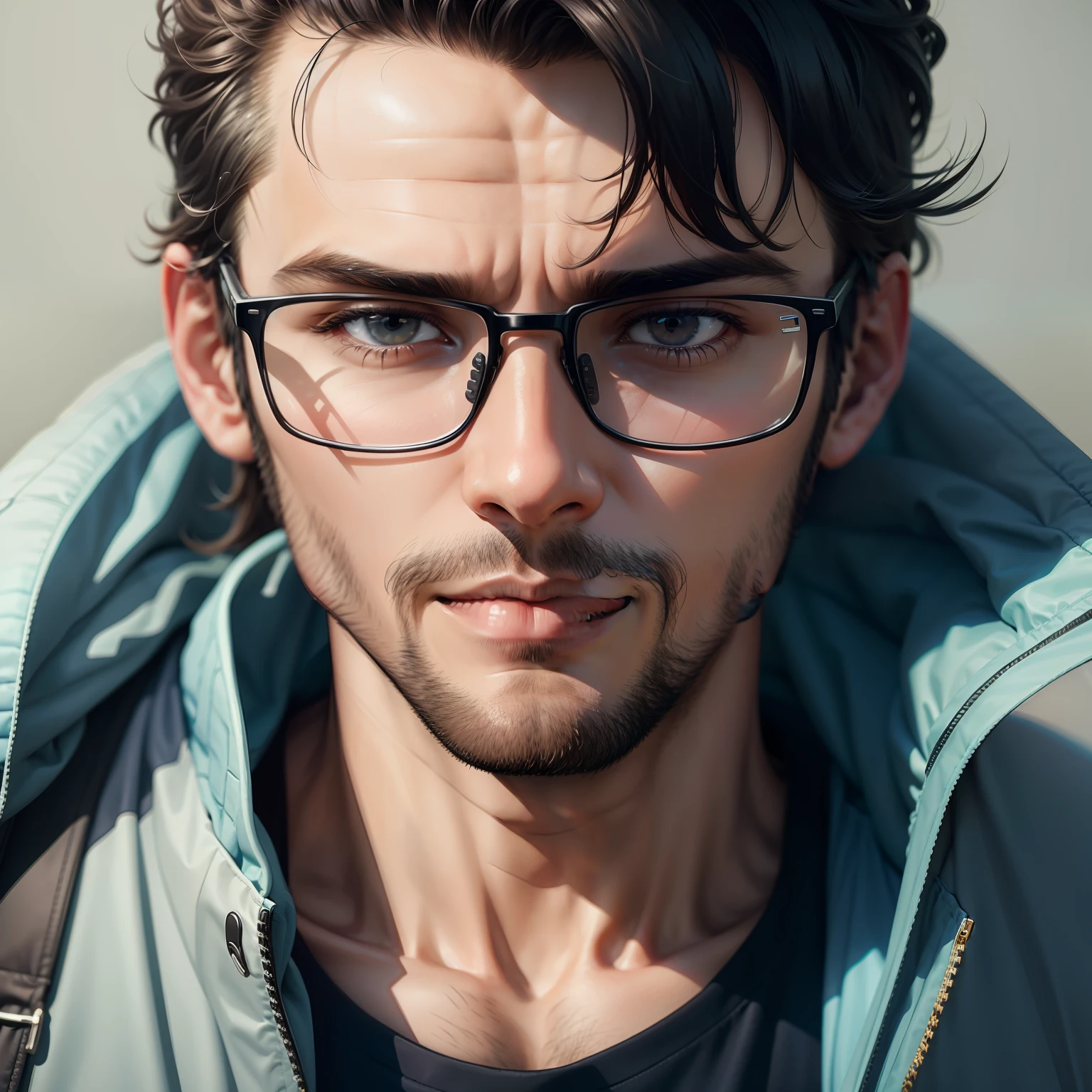 A closeup of a man wearing glasses and a jacket,