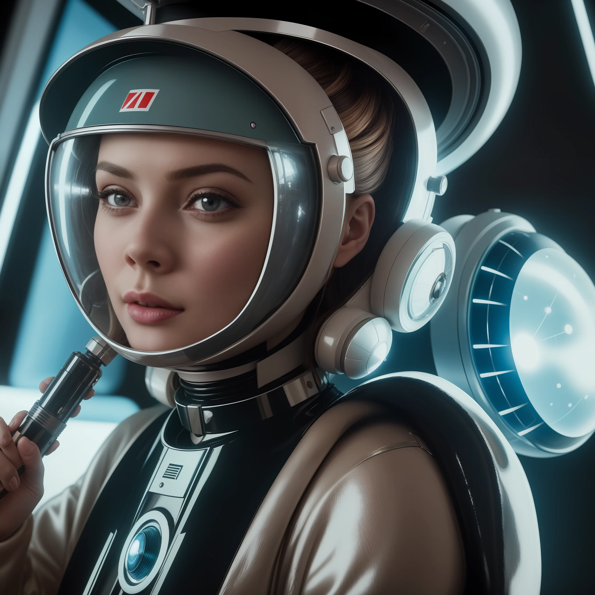 a close up of a woman in a helmet holding a remote control, as a retro futuristic heroine, retro sci - fi picture, as a retrofuturistic heroine, 7 0's vintage sci - fi style, 1 9 6 0 s space girl, retrofuturistic female android, portrait of a sci - fi woman, retro 1 9 6 0 s sci - fi art