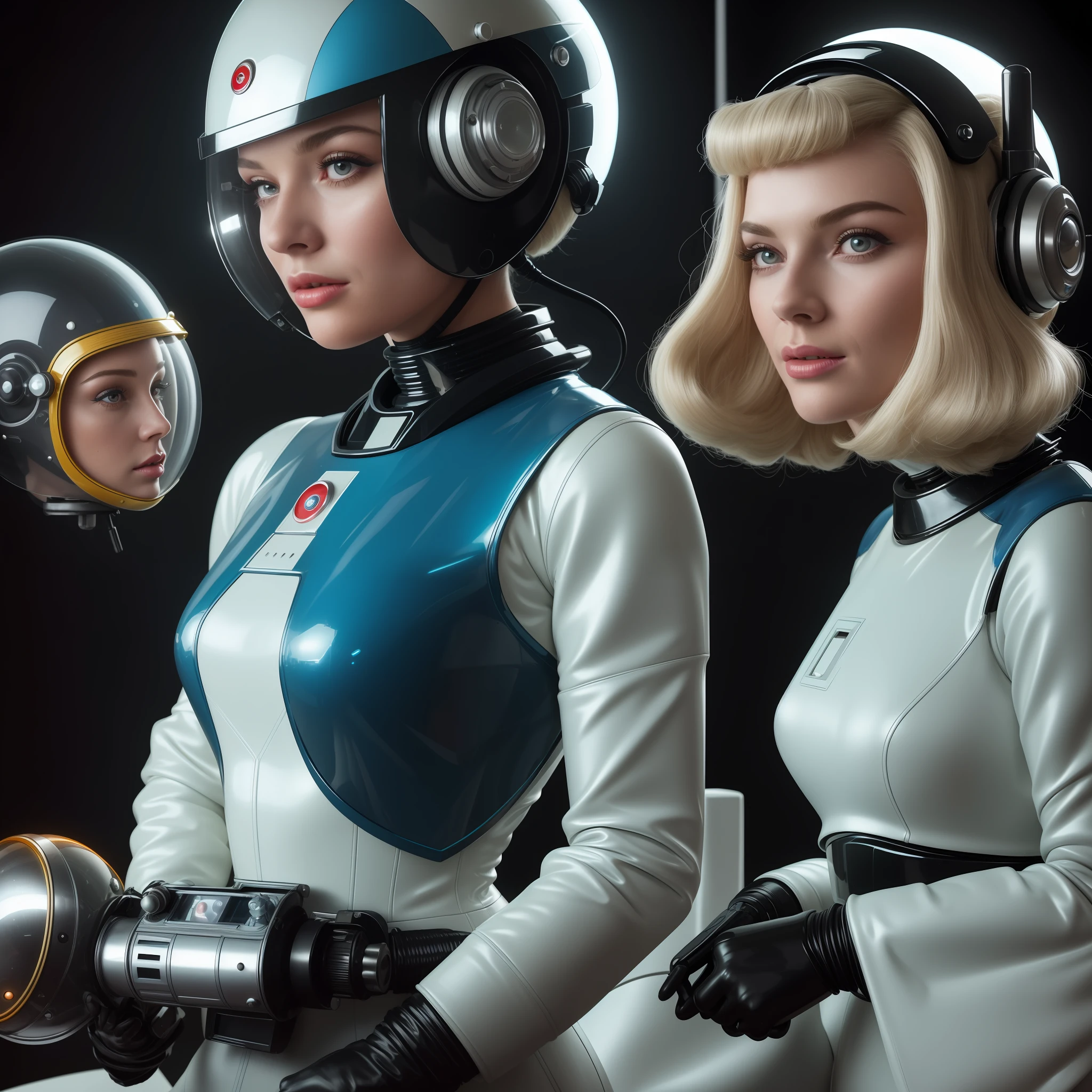 a close up of a woman in a helmet holding a remote control, as a retro futuristic heroine, retro sci - fi picture, as a retrofuturistic heroine, 7 0's vintage sci - fi style, 1 9 6 0 s space girl, retrofuturistic female android, portrait of a sci - fi woman, retro 1 9 6 0 s sci - fi art