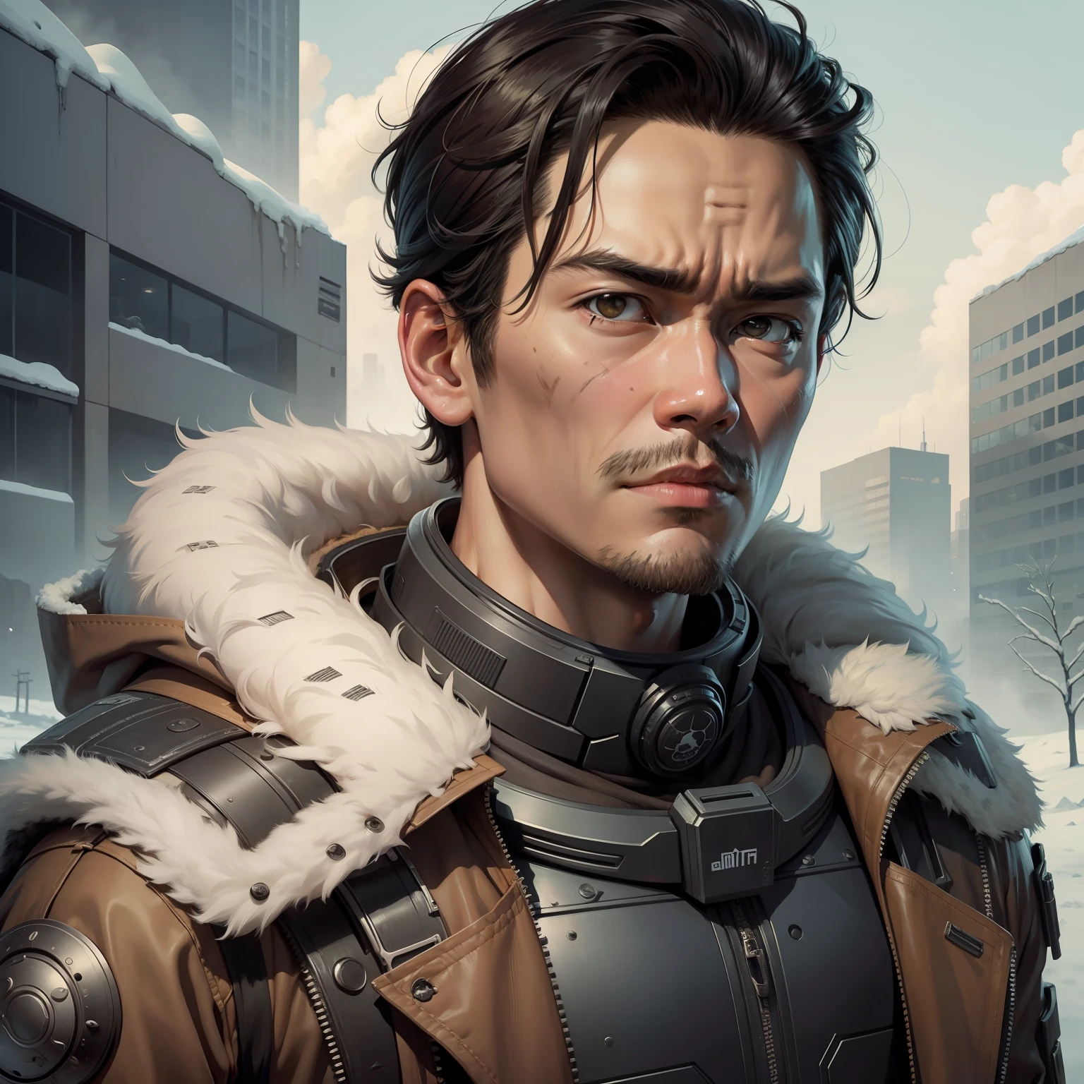John Cho post-apocalyptic skinny with winter look with serious face Austin Briggs style scifi style