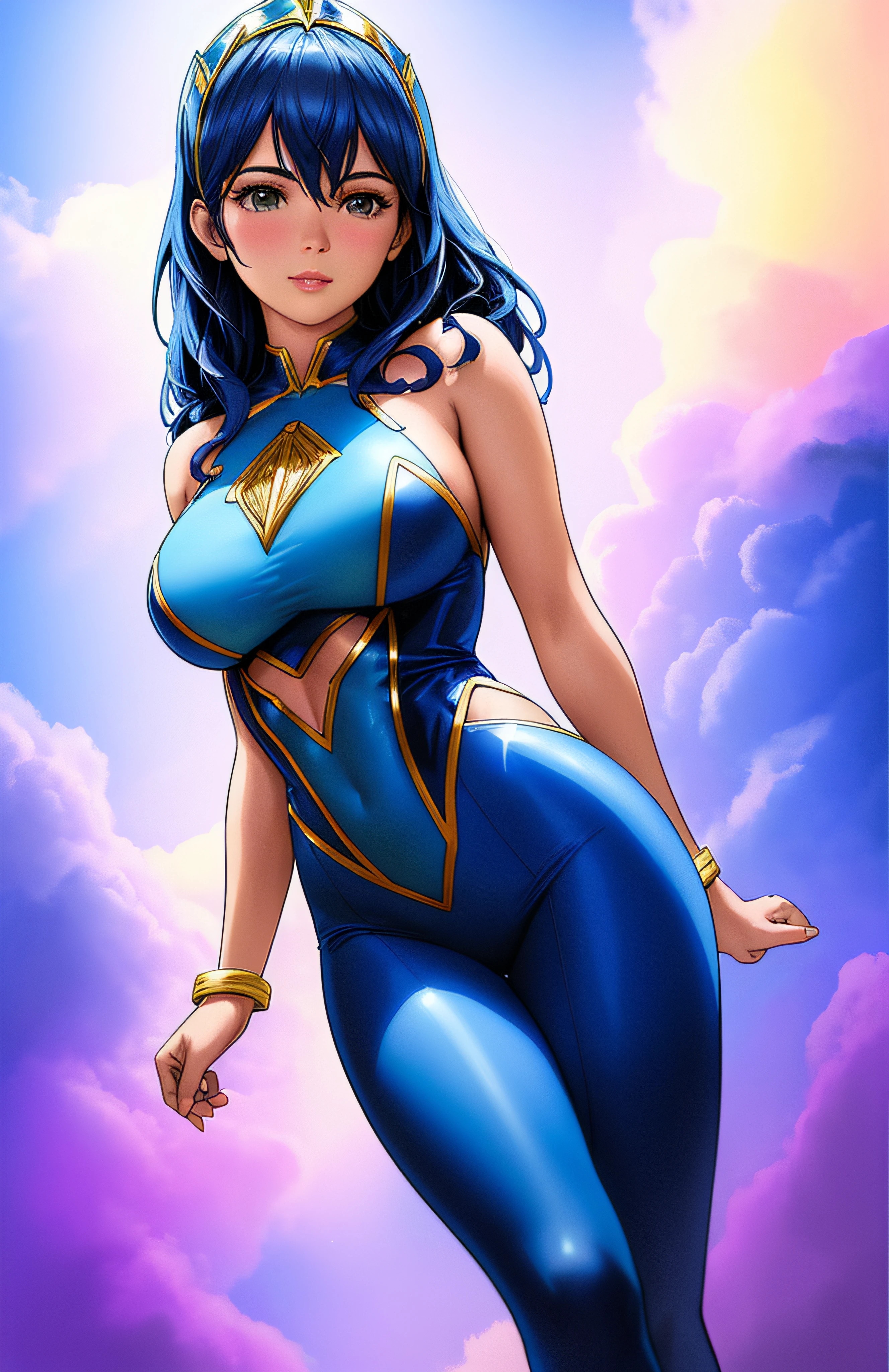 A closeup of a comic book page with a woman in a blue costume, atlas, Como um atlas, sem texto, Como ilustrado em Top Cow Comics, Neal Adams | Centrado, color spread, Filipe Jimenez, com tinta e cor, Hera, inspirado em Ryan Stegman, Estilo Ivan Talavera e Artgerm, inspirado em Daphne Allen