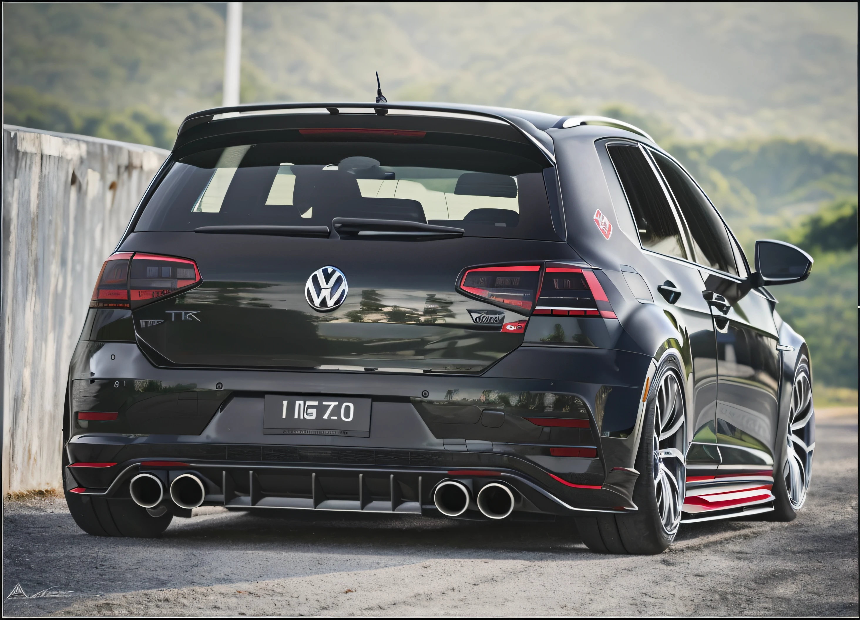 um close up de uma foto em preto e branco de um carro Volkswagen vermelho ,marca Volkswagen . Corpo largo, tunning, aerodynamic imposing, preto fosco, vista completa de um carro, com um spoiler elegante, carro preto, ✏️🎨, vehicle photography, matricula amarela , preto sobre preto, 8k , Volkswagen gti mk7 vermelho