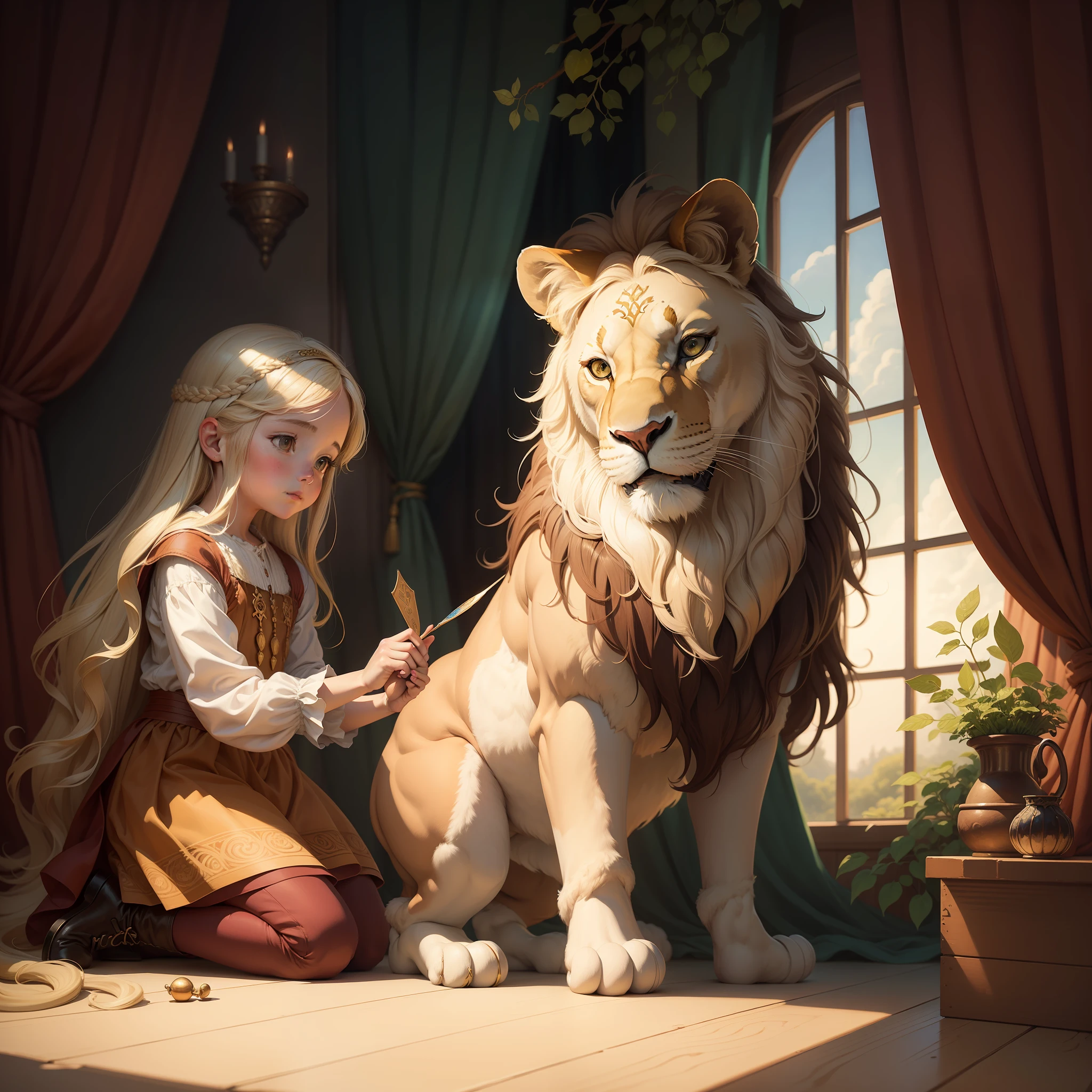 Painting of a kneeling in front of a lion and a lion with long mane, Full color illustration, Detalle muy completo, added detail, inspirado por Samuel Hieronymus Grimm, story book illustration, inspirado por Gustaf Tenggren, loli, Pintura muy detallada, inspirado por Ruth Sanderson, inspirado por Alison Kinnaird, Pintura de cuento de hadas