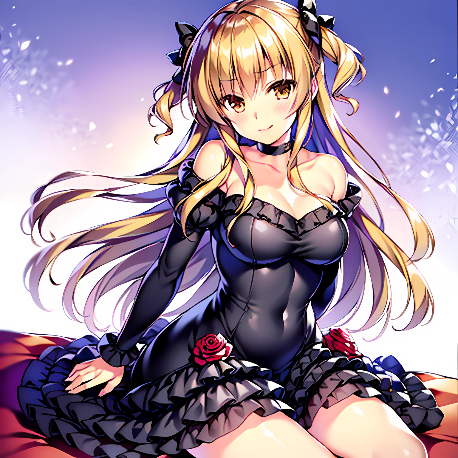 Rina Ogata,((Masterpiece)), (((Best quality))), ((Ultra-detailed)), ((illustration)), ((Disheveled hair)), ((frilld)), (1 girl), (Solo), bangs , Bare shoulders , Black dress, Blush , bow , Breasts , Brown eyes, Brown hair, chair, Chin rest, cleavage, dress , Eyebrows visible through hair , Female , Female only, finger nails , flower , frilld , Goodbye to hair accessories, hairstyles , hair adornments, hand on own cheek , Indoors , instrument , Long hair , Long sleeves , view the viewer , Medium breasts , piano, Piano keys, Puffy sleeves , Rose , Shiny , Shiny hair , Sitting , sleeves past wrists, Smile ,