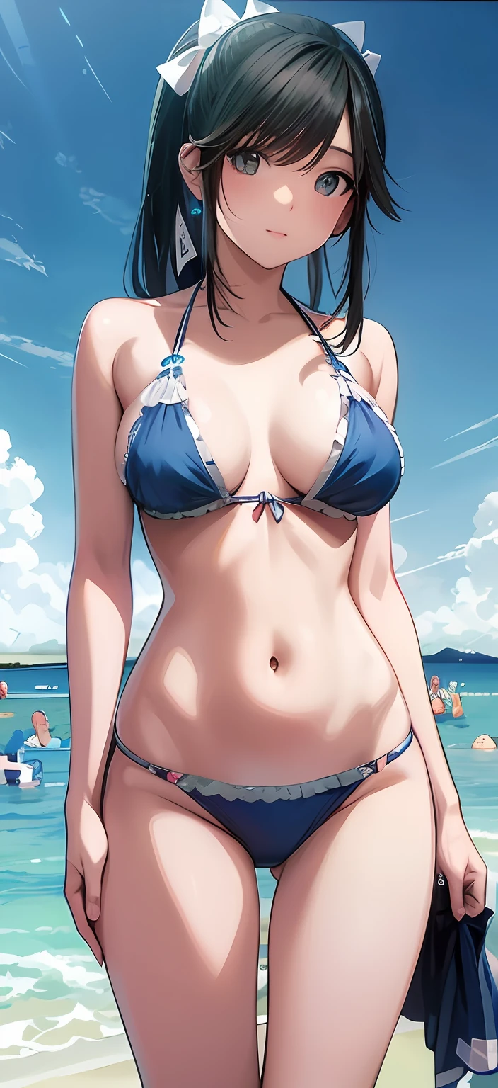 Woman in bikini standing on beach next to sea, realistic bikini, Seductive Anime Girl, wearing a swimming wear, Swimsuit, beautiful alluring anime woman, in bikini, Blue Bikini, attire: bikini of, beautiful anime woman, charming anime girls, swim wears, Wallpaper Anime Blue Water, oppai proportions, in bikini, Smooth Anime CG Art
