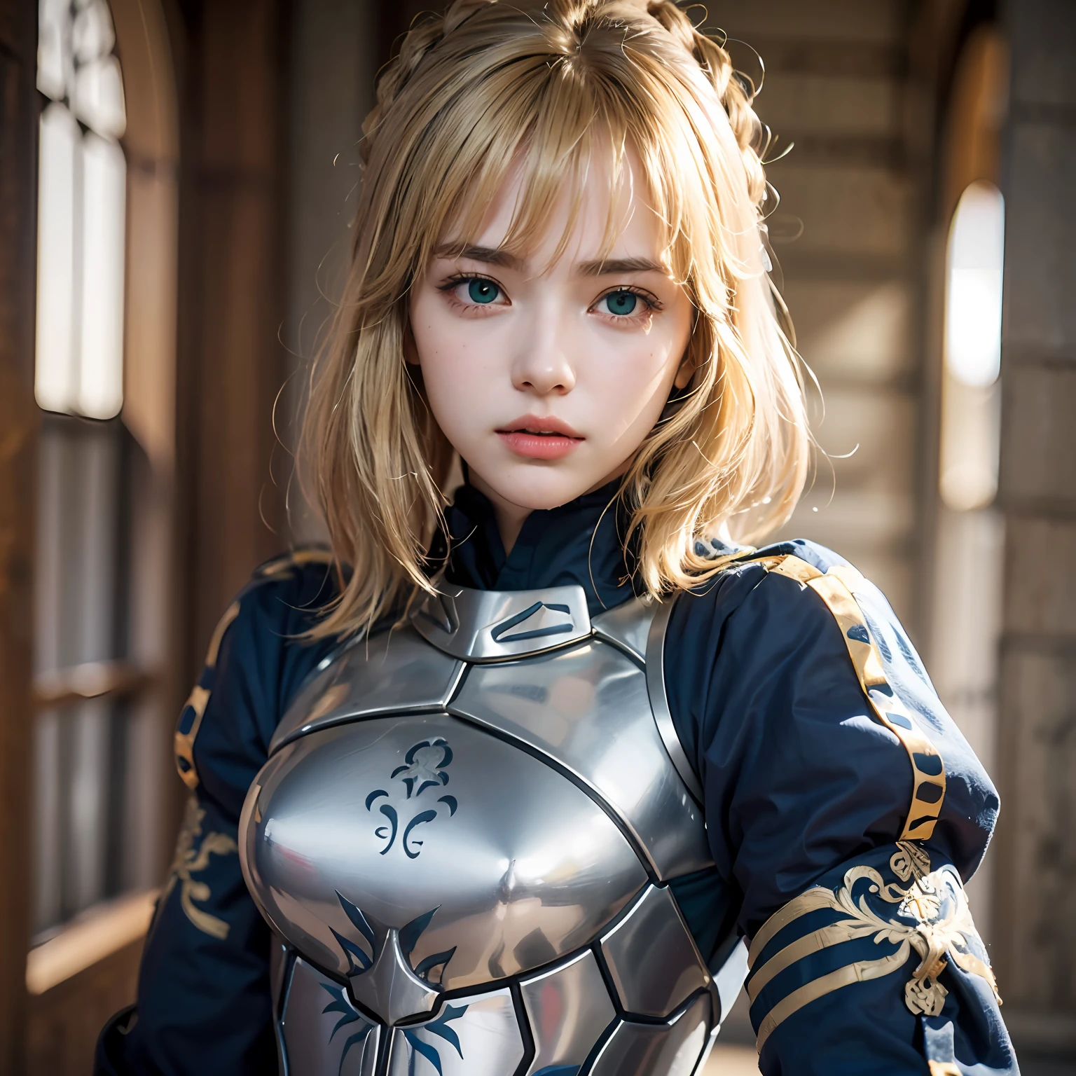 1girl, aasaber, green eyes, blonde hair, ahoge, gauntlets, (masterpiece:1.2), (ultra detailed), (8k, intricate), (85mm), (highly detailed:1.2), breast focus, (rule of third_composition:1.3), (Line of action:1.2), daylight, solo