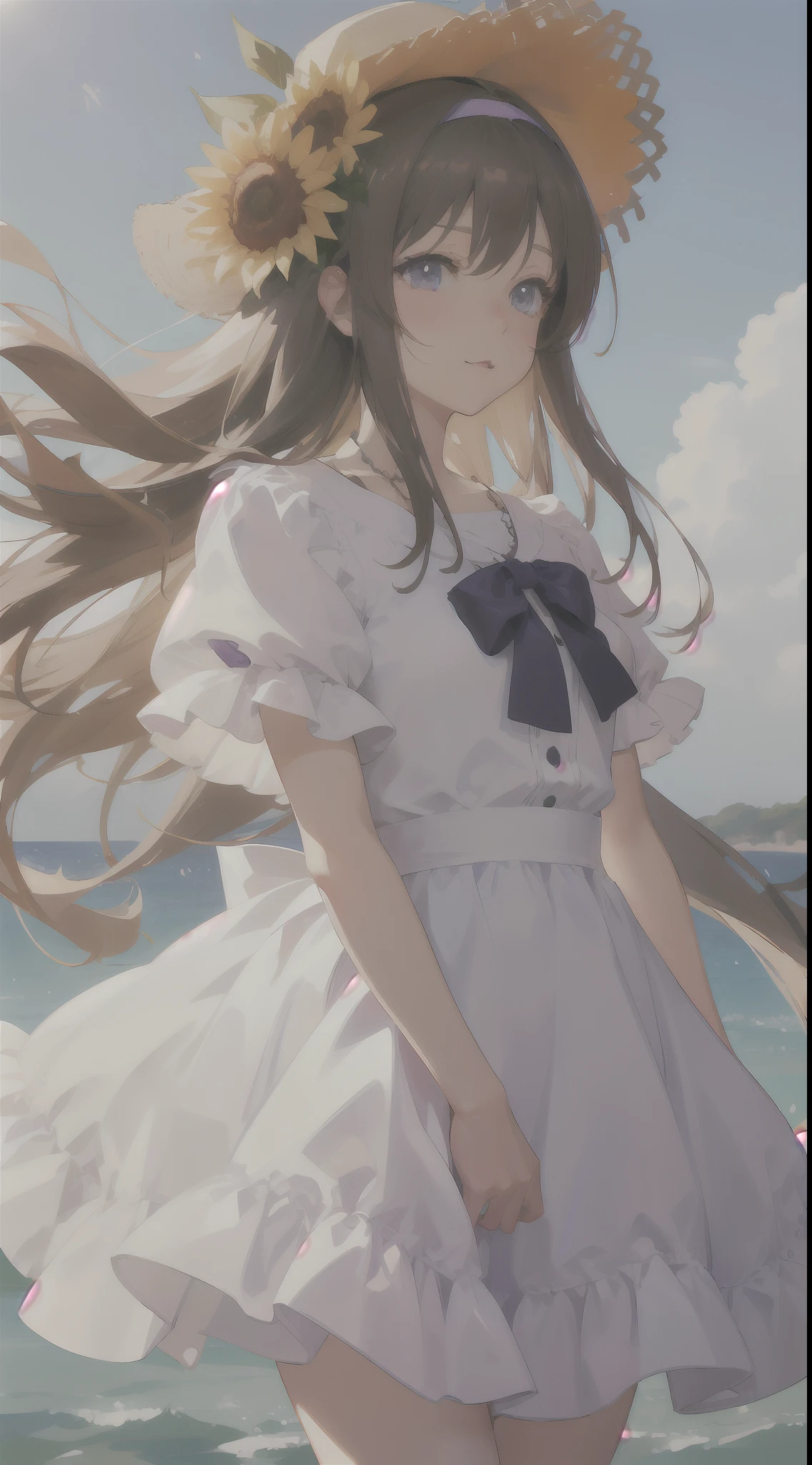 ((masutepiece)), ((Best Quality)), (Ultra-detailed), ((kawaii)), Cute, (lovely), ((Sexy)), (Ero), ((Extremely detailed)), 4K, (8K), Best Quality, (Beautiful), Anime style, Dynamic Angle, Upper body, folding arms, Colorful, full body focus, Sunflower, Beautiful sky, Summer, Cute little girl s, 1girl in, Solo, one piece dress, Beautiful light brown hair, Beautiful purple eyes, ((Beautiful eyes)), White-skinned, Long hair, large full breasts, a straw fedora hat, horseshoe-shaped hairband, Necklace, lightsmile, blush, Lens Flare, Wind-effect