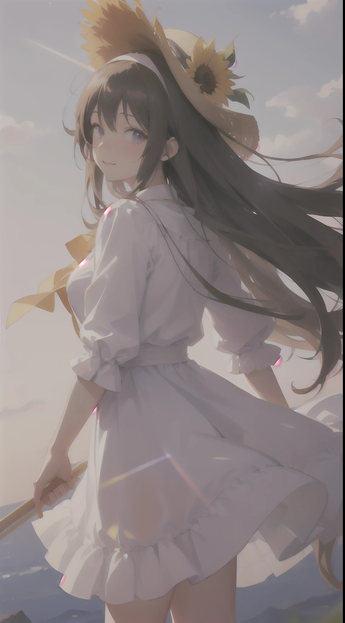((masutepiece)), ((Best Quality)), (Ultra-detailed), ((kawaii)), Cute, (lovely), ((Sexy)), (Ero), ((Extremely detailed)), 4K, (8K), Best Quality, (Beautiful), Anime style, Dynamic Angle, Upper body, folding arms, Colorful, full body focus, Sunflower, Beautiful sky, Summer, Cute little girl s, 1girl in, Solo, one piece dress, Beautiful light brown hair, Beautiful purple eyes, ((Beautiful eyes)), White-skinned, Long hair, large full breasts, a straw fedora hat, horseshoe-shaped hairband, Necklace, lightsmile, blush, Lens Flare, Wind-effect