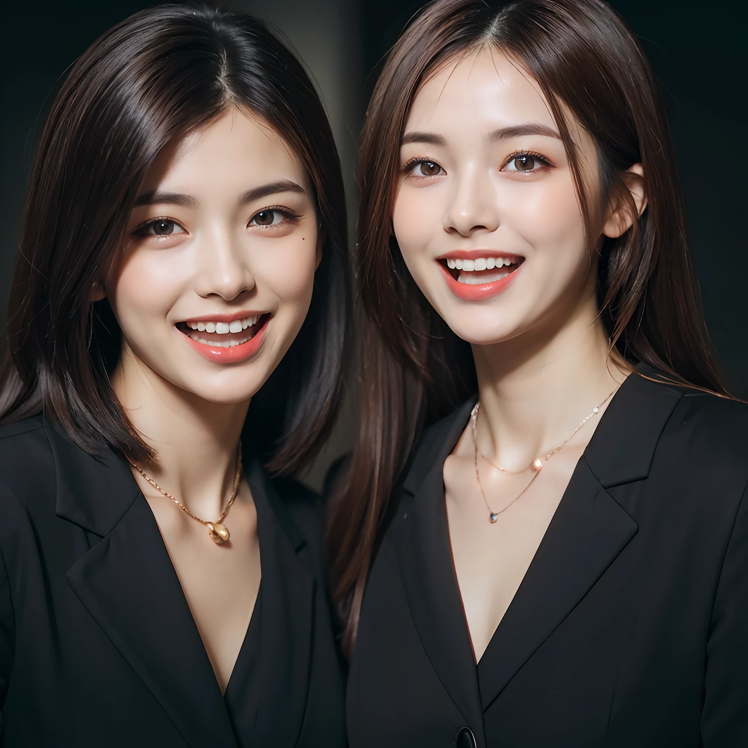 Dressed, (photographrealistic:1.4), (Hyper realistic:1.4), (Realistic:1.3), (Smoother lighting:1.05), (increase cinematic lighting quality:0.9), 32K, 1girl in,25-years old, Realistic lighting, Backlighting, Light on Face, raytrace, (Brightening light:1.2), (Increase quality:1.4), (Top quality real texture skins:1.4), finely detailed eyes, finerly detailed face, (tired and sleepy and joy:0), (Laugh:1.4), Black Suit,a necklace, (Increase body line mood:1.1), (Increase the beauty of skin texture:1.1)