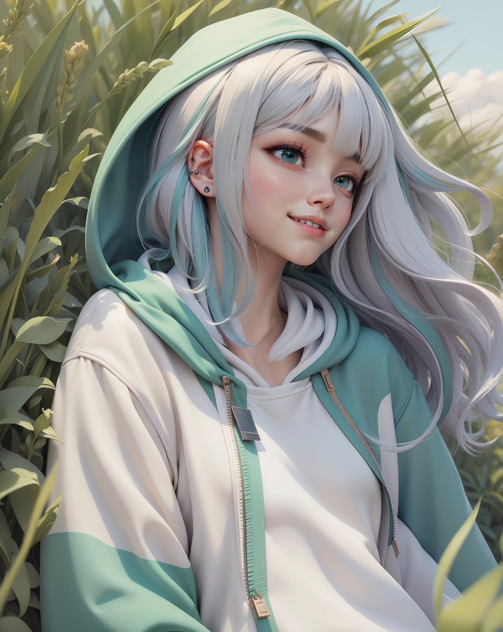 grass field、summer day、blue-sky、Summer Cloud、look up to、Pale green hoodie、The upper part of the body、A smile、a closed mouth、short-haired、oblique bangs、oblique bangs、top-quality, femal、独奏, white hair, A dark-haired, piercings, two tone hair, Parted lips, Black eye, s lips, gotik, Mole, colourfull、Fantastic green world、hitornfreckles、The wind is blowing、Eyes sparkle、Very long hair、Low angle from bottom、29yo、Know、Adults、Calm atmosphere