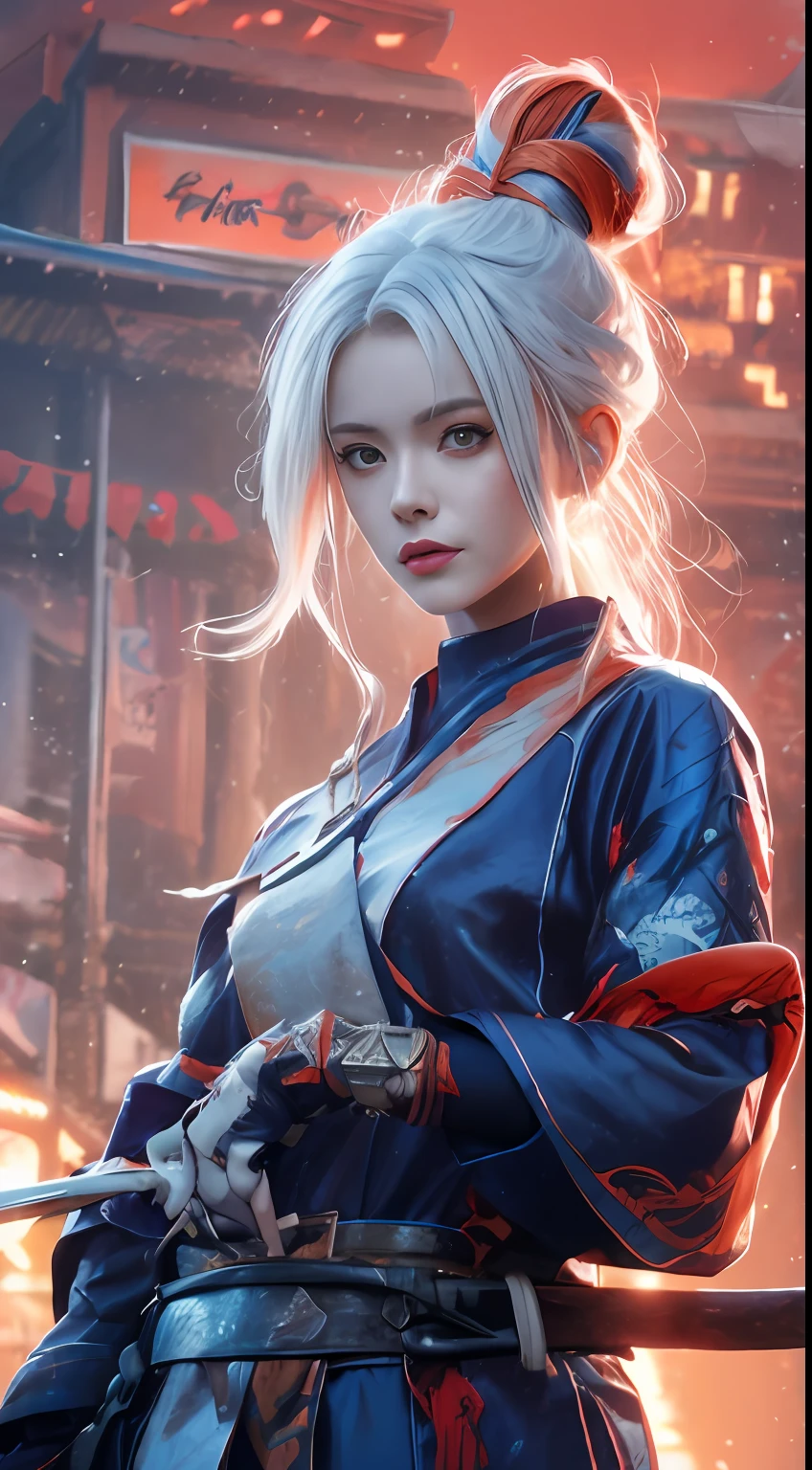 a close up of a ninja warrior woman with blood hair , orange hair,holding a sword beautiful character painting, guweiz, artwork in the style of guweiz, white haired deity, by Yang J, epic exquisite character art, stunning character art, by Fan Qi, by Wuzhun Shifan, guweiz on pixiv artstation