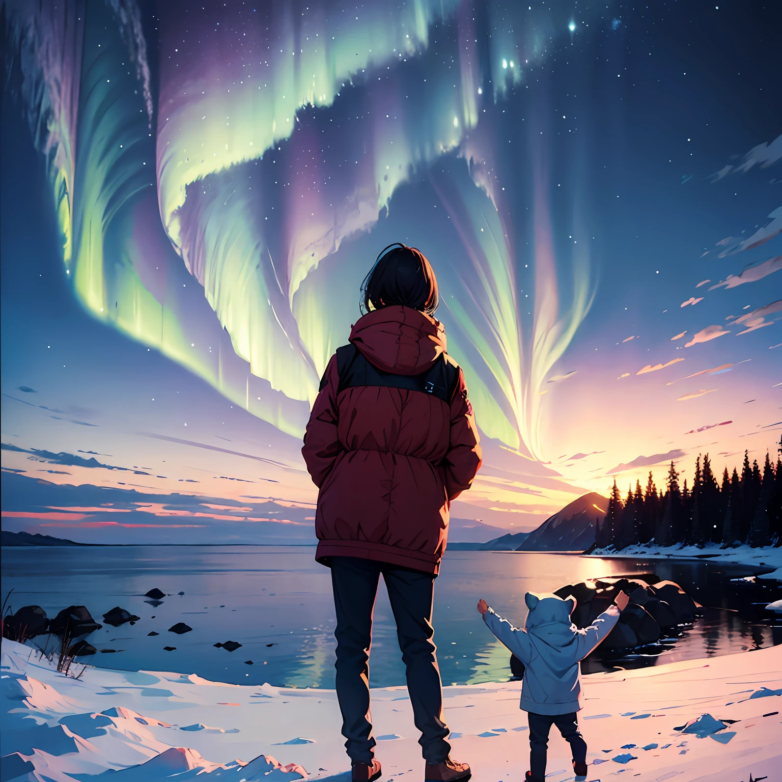 Aurora、north pole、White bear parent and child looking at the sky --auto