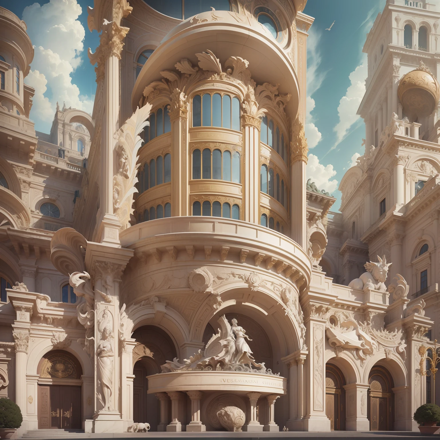 a building, surrealistic roman architecture, architecture carved for a titan, luxury architecture, surreal architecture, italian renaissance architecture, rounded architecture, neoclassicism style, art deco, that we would see in the essoldo, et in arcadia ego, bulgari style, versace, maximalist sculpted design, giant sculpture, giant crypto vault, full building perspective view