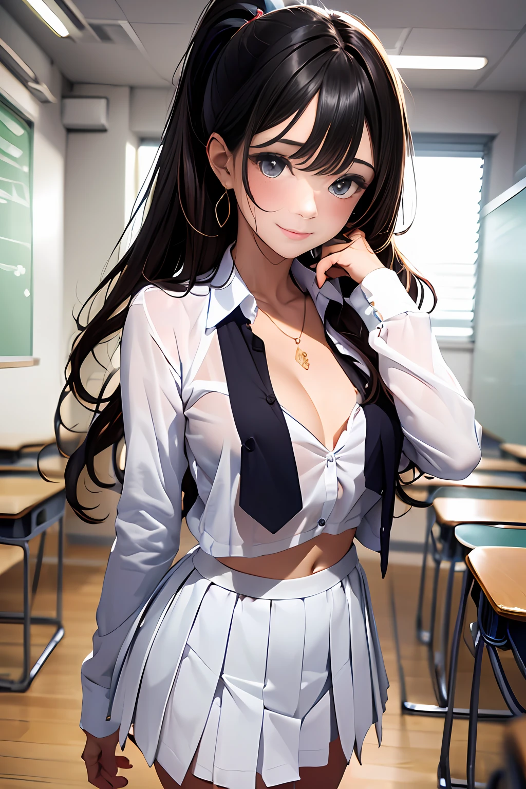 (master part: 1.3), (maximum resolution: 1.2), (Ultra HDTV: 1.2), luz de cinema, Ultra HDTV, (olhos e pele detalhados), (detailed facial features), HDR, 8K resolution, foco nítido: 1.2, Estilo perfeito, beautiful face, preciso, anatomicamente correto, Textura altamente detalhada do rosto e da pele, Olhos detalhados, olhos castanhos, double eyelids, sobrancelhas finas, Delineador Glitter: 1.2, Bochechas naturais, pele brilhante, pele clara: 1.2, colar e brincos pequenos brilhantes, (bright lips: 1.4),
BREAK
first-person view, Wearing a sexy high school uniform, (Embarrassed:1.2), (corar:1.2), inocente e bonito, (ponytail in high position, cabelos ondulados, cabelos castanhos claros, franja fluindo diagonalmente), medium long hair,
quebrar
(tiro de corpo inteiro: 1.2), (de baixo:1.3), (foco nas pernas), ((Very intimate relationships: 1.2)), (medium large breasts:1.1), ((Standing in the school chair with his legs closed)), (Pose que levantou um pouco a saia:1.2)),
quebrar
(((na sala de aula: 1.2)), (olhando para baixo para o espectador:1.2)),