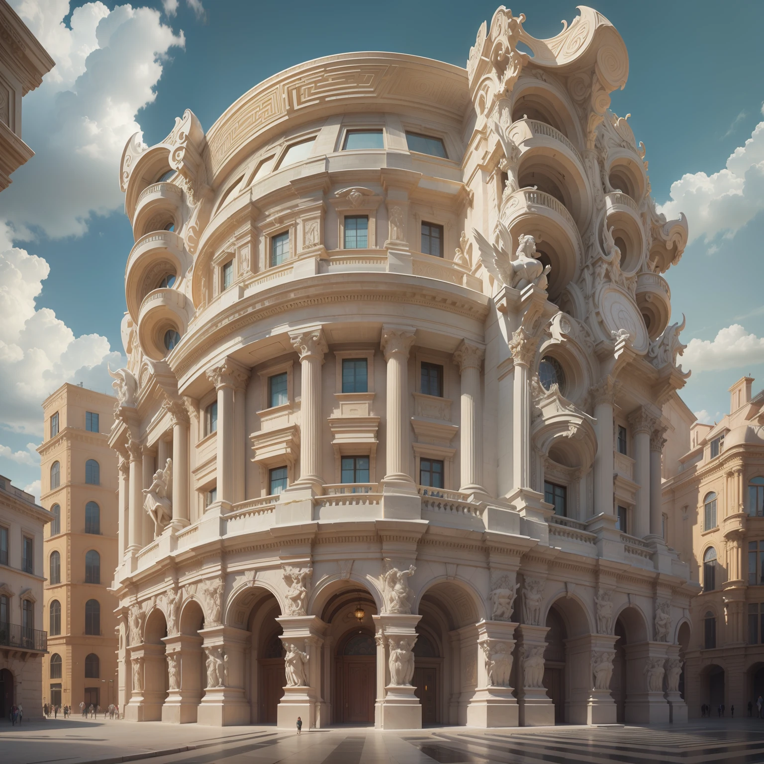 a building, surrealistic roman architecture, architecture carved for a titan, luxury architecture, surreal architecture, italian renaissance architecture, rounded architecture, neoclassicism style, art deco, that we would see in the essoldo, et in arcadia ego, bulgari style, versace, maximalist sculpted design, giant sculpture, giant crypto vault, full building perspective view