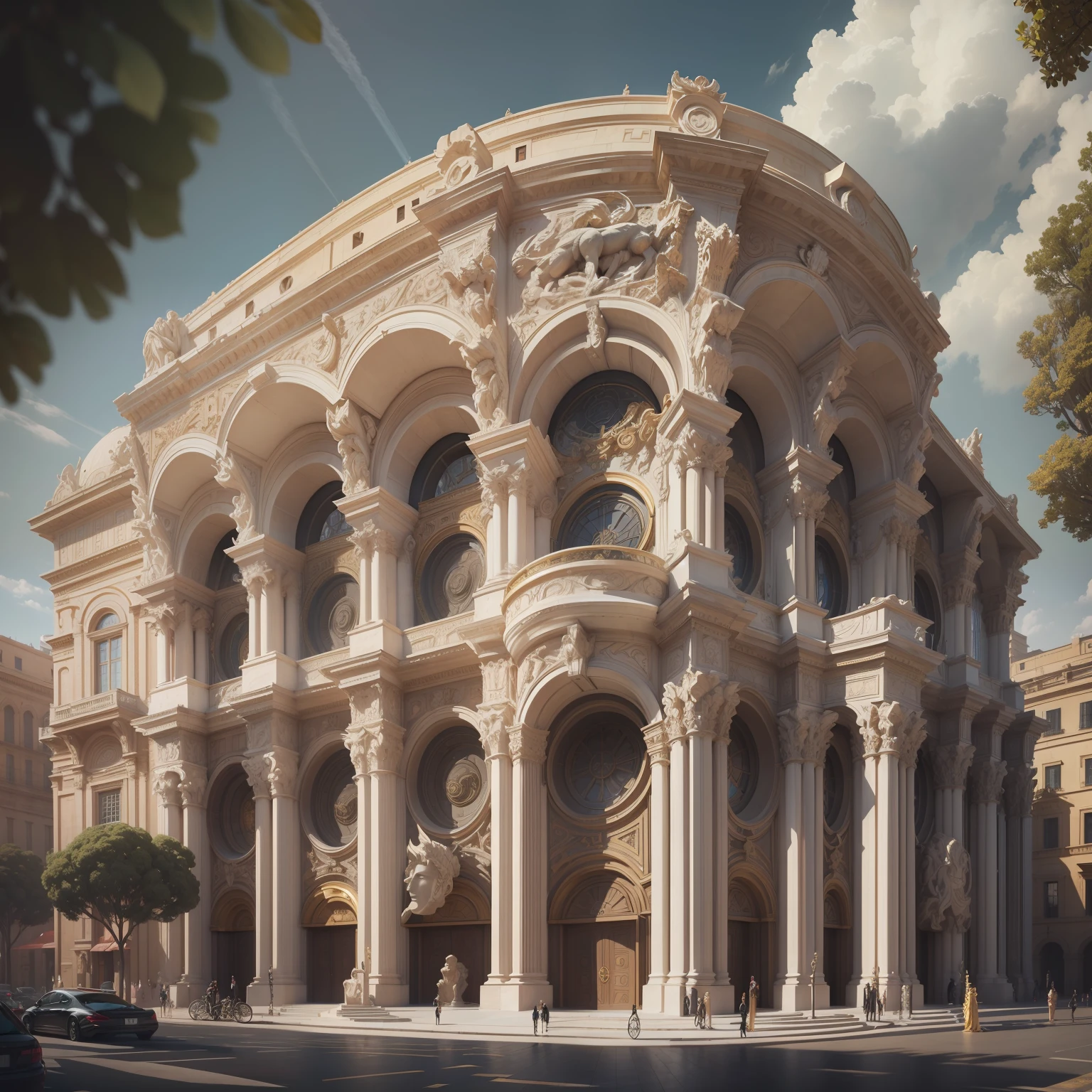 a building, surrealistic roman architecture, architecture carved for a titan, luxury architecture, surreal architecture, italian renaissance architecture, rounded architecture, neoclassicism style, art deco, that we would see in the essoldo, et in arcadia ego, bulgari style, versace, maximalist sculpted design, giant sculpture, giant crypto vault, full building perspective view