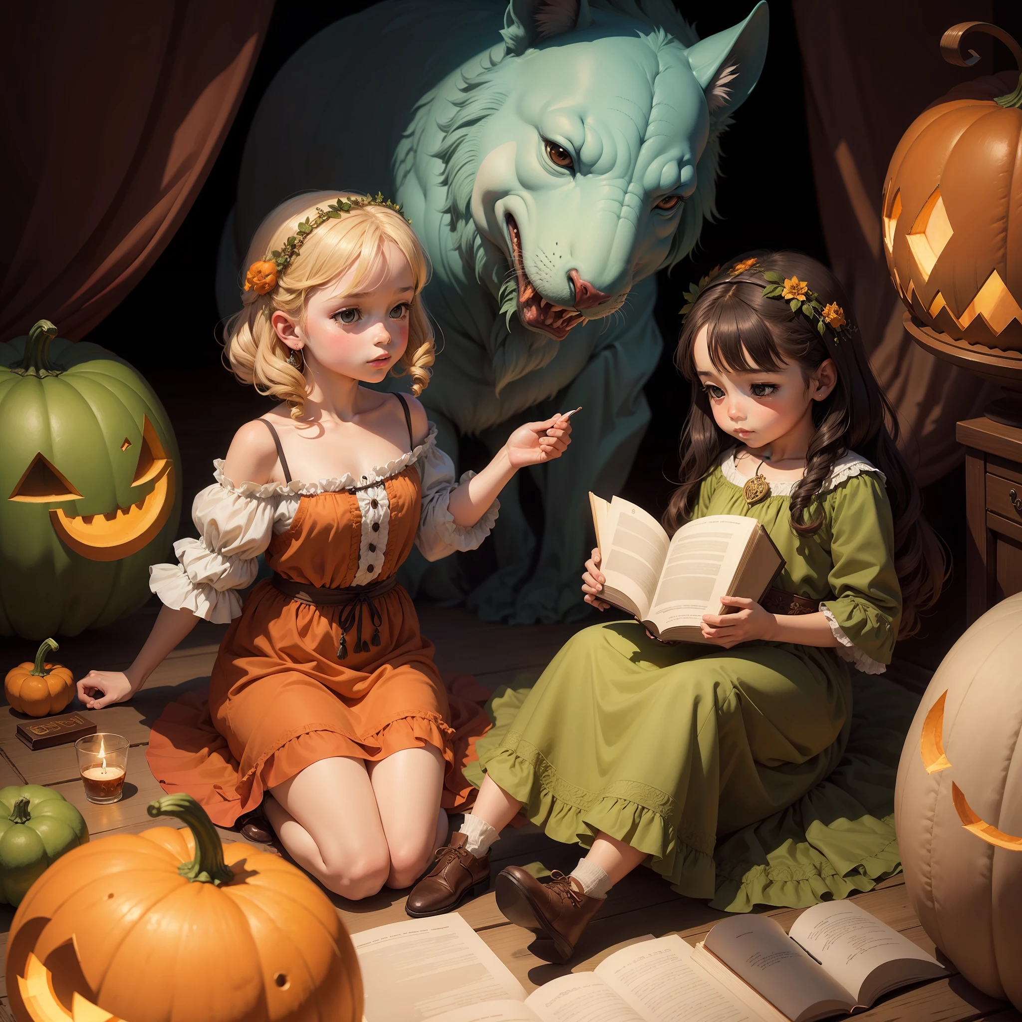 Pintura de una varonsito sentado  frente a un calabaza , Full color illustration, added detail, Detalle muy completo, inspirado por Samuel Hieronymus Grimm, story book illustration, inspirado por Gustaf Tenggren, loli, Pintura muy detallada, inspirado por Ruth Sanderson, inspirado por Alison Kinnaird, Pintura de cuento de hadas