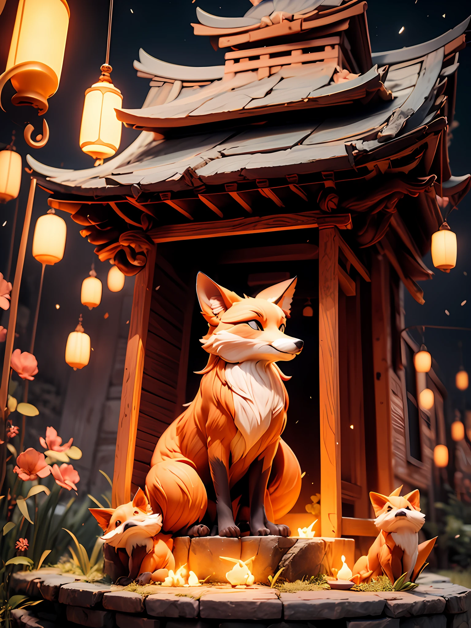 "Enchanting night scene with a Japanese Temple a captivating glowing fox surrounded by mesmerizing light particles and a stunning light effect. No humans present."