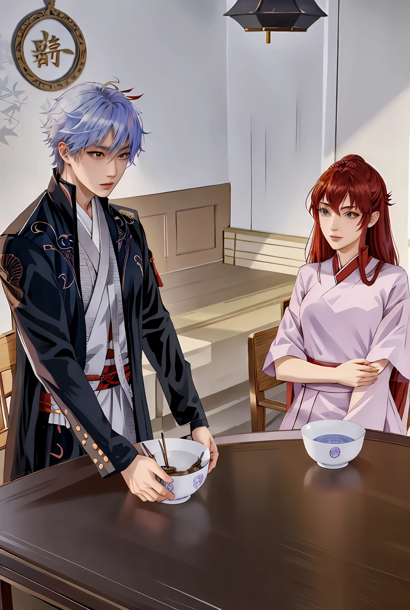 Imagen de anime de un hombre y una mujer de pie en una mesa, Manhwa, a punto de consumirte, Fanart de alta calidad, Apariencia viciosa, Fanart oficial, today's featured anime still, Ginko mostrando un nuevo mushi, Shoujo Romance, puce and vermillion, inspired by Gigadō Ashiyuki, Gapmoe Yandere, Having an awkward dinner date